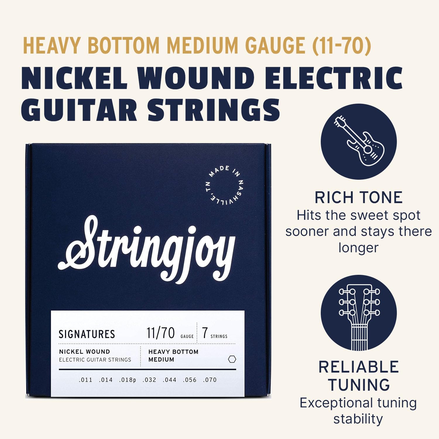 Stringjoy HVY117, 7 String Signatures Electric Guitar Strings, 11-70 Heavy Bottom Medium Gauge, 7-String Nickel, Electric Guitar