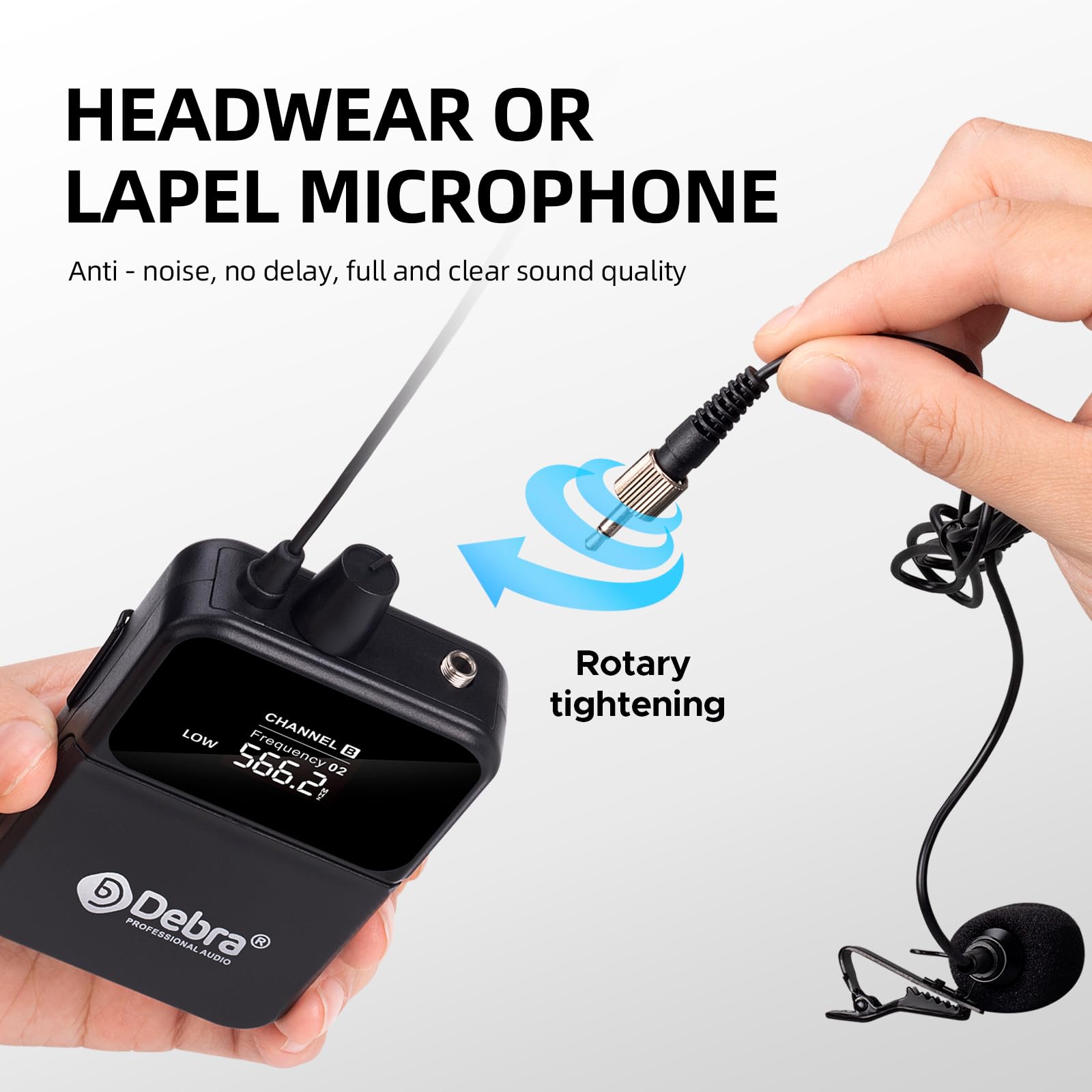 Wireless Microphone System D Debra UHF UBR-102 with Cordless Handheld Lavalier Headset Mics, 260ft Range, Suitable for Church, L