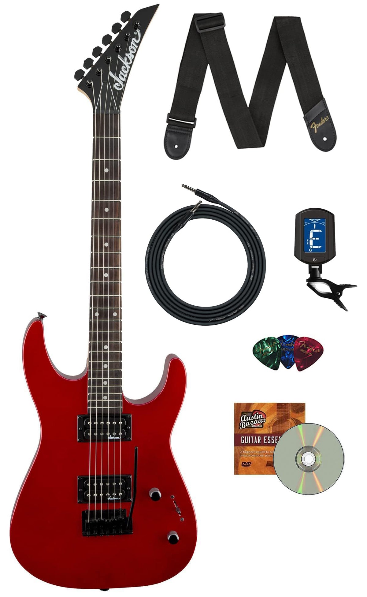 Jackson Dinky Js11 Electric Guitar - Metallic Red Bundle With Cable, Tuner, Strap, Picks, And Austin Bazaar Instructional Dvd
