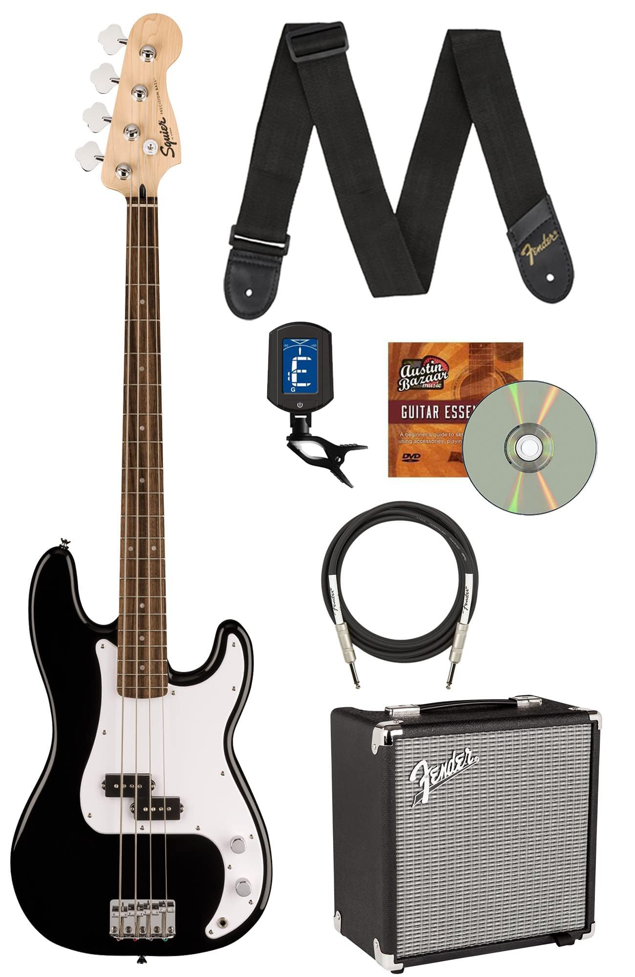 Fender Squier Sonic Precision Bass Guitar, Laurel Fingerboard - Black Bundle With Rumble 15 Bass Amplifier, Cable, Tuner, Strap,