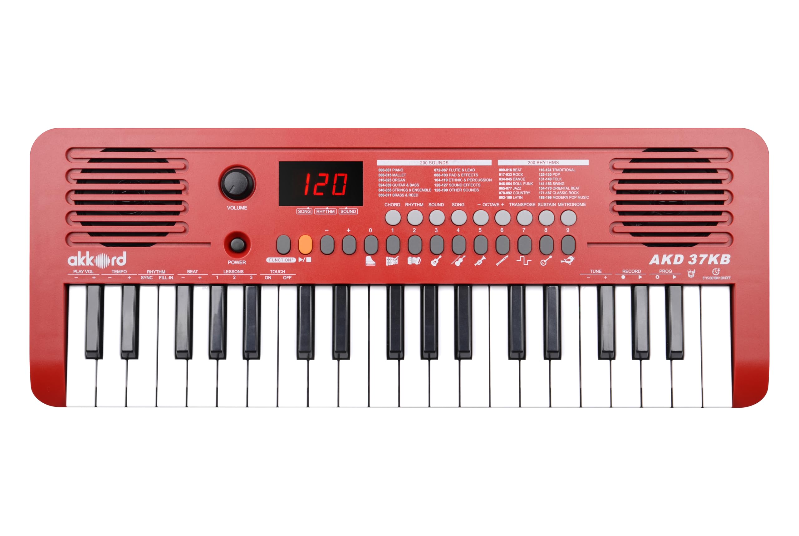 Akkord 37 Keys Music Keyboard  Red Edition | Midi Usb-C, Touch Response, 200 Rhythms, Tones & 40 Demos, Led Display, Portable Be