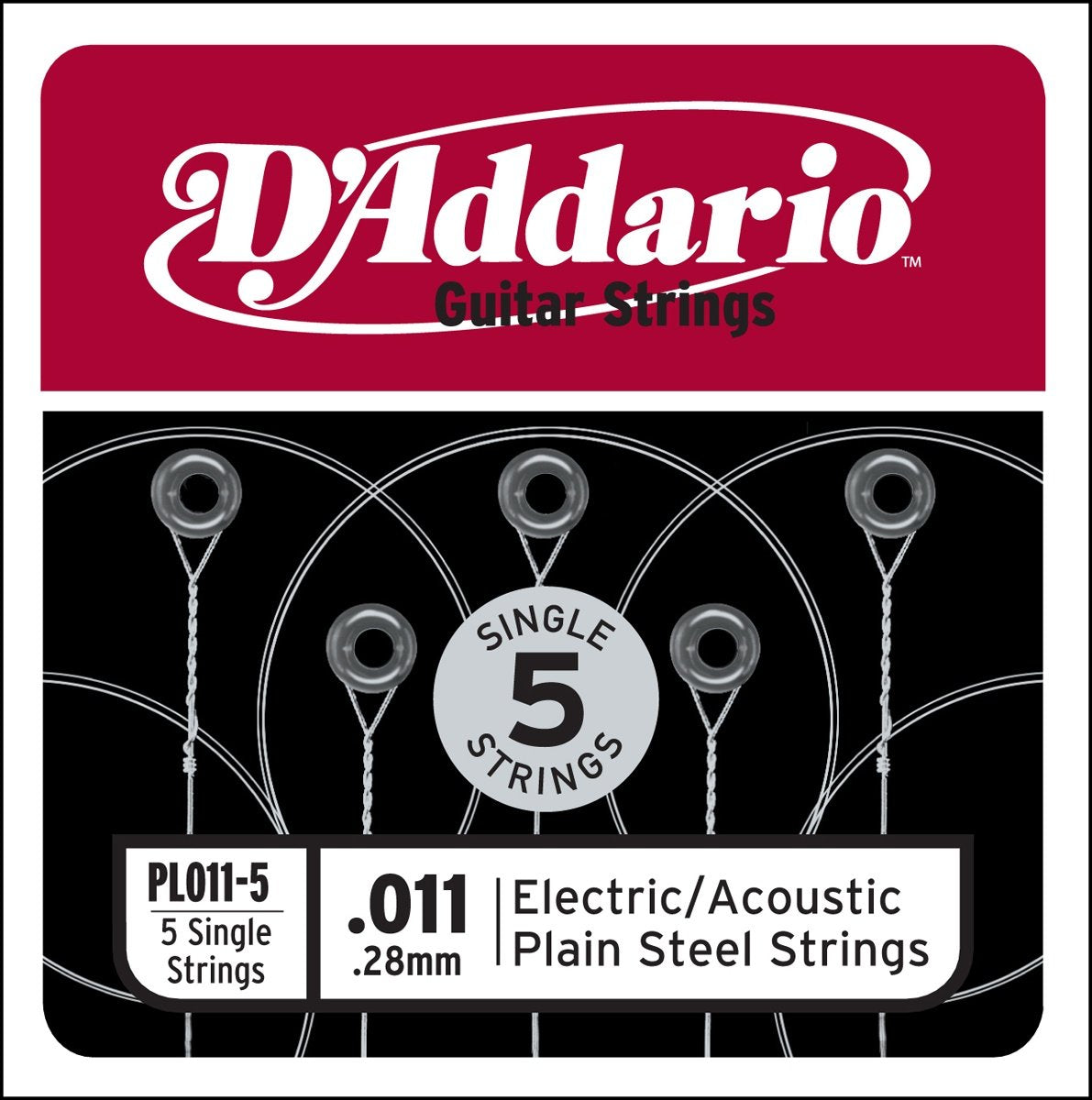 D'Addario Pl011-5 Plain Steel Guitar Single String, 011 5-Pack