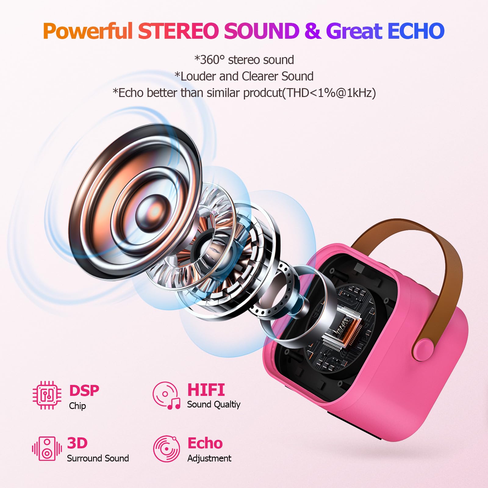 YLYYCC Mini Karaoke Machine with 2 Wireless Microphones for Kids Adults, Portable Bluetooth Singing Speaker Birthday Fun Gift fo