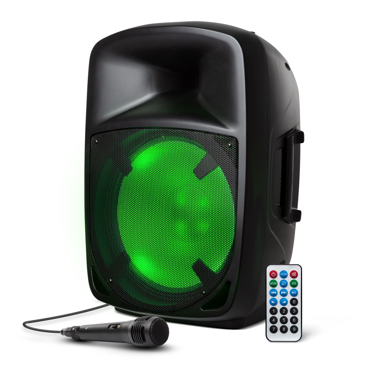 ION Audio Pro Glow 1500 - 250W 15 Bluetooth Speaker with Karaoke Microphone, Party Lights, Wheels and Handles, USB/SD Playback, 