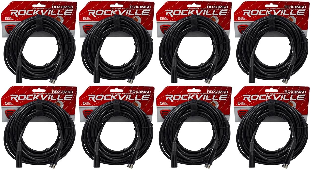 Rockville (8) RDX3M50 50 Foot 3 Pin DMX Lighting Cables 100% OFC Female to Male