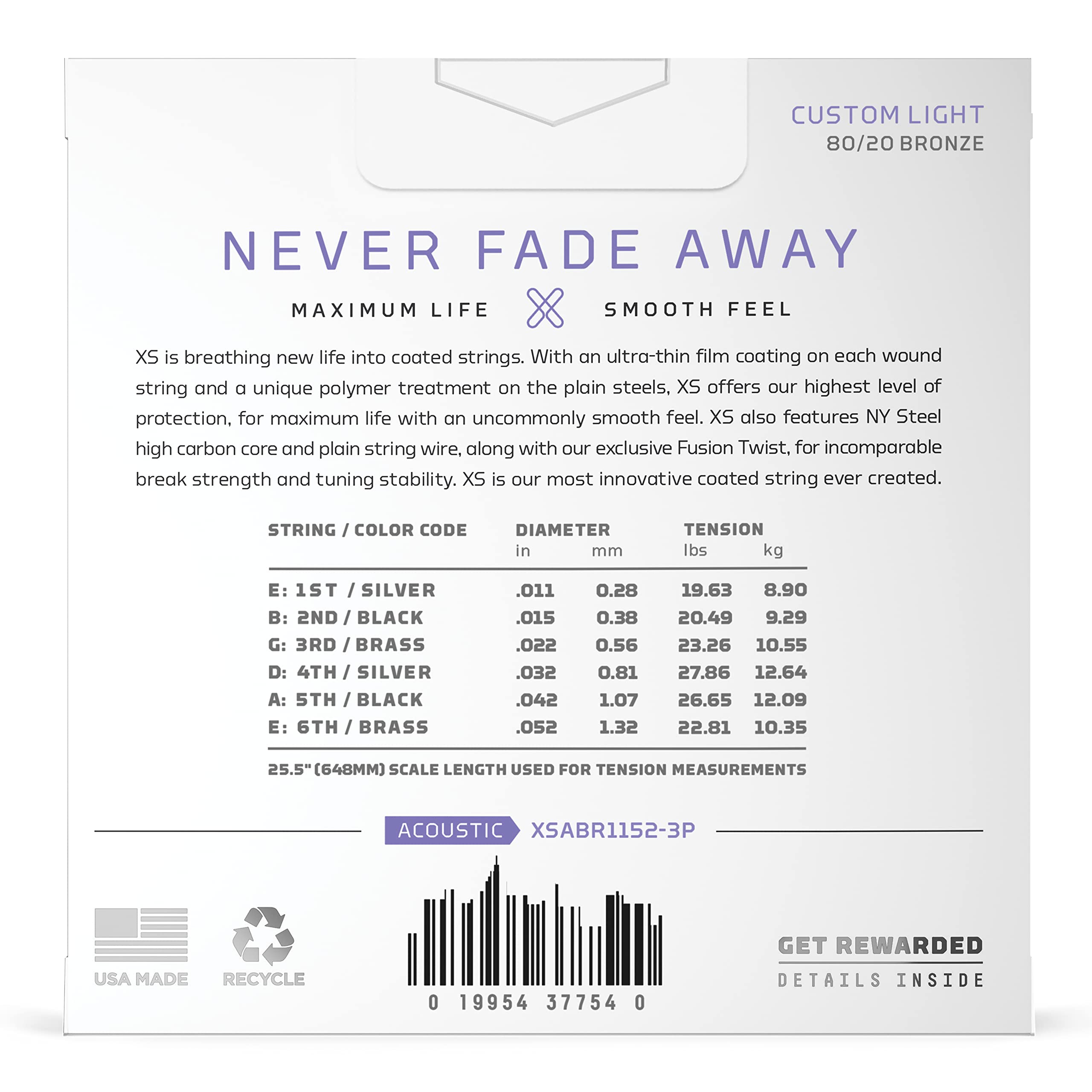 D'Addario Acoustic Guitar Strings, XS 80/20 Bronze Coated, XSABR1152-3P, Custom Light Gauge 11-52, 6-String Set, Pack of 3