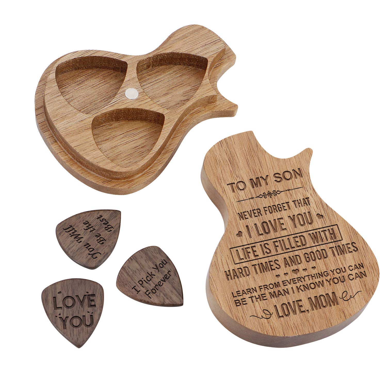 Engraved Personalized Wood Guitar Picks Box, Guitar Shaped Plectrum Container with 3 Pcs Standard Picks (To Son from Mom)