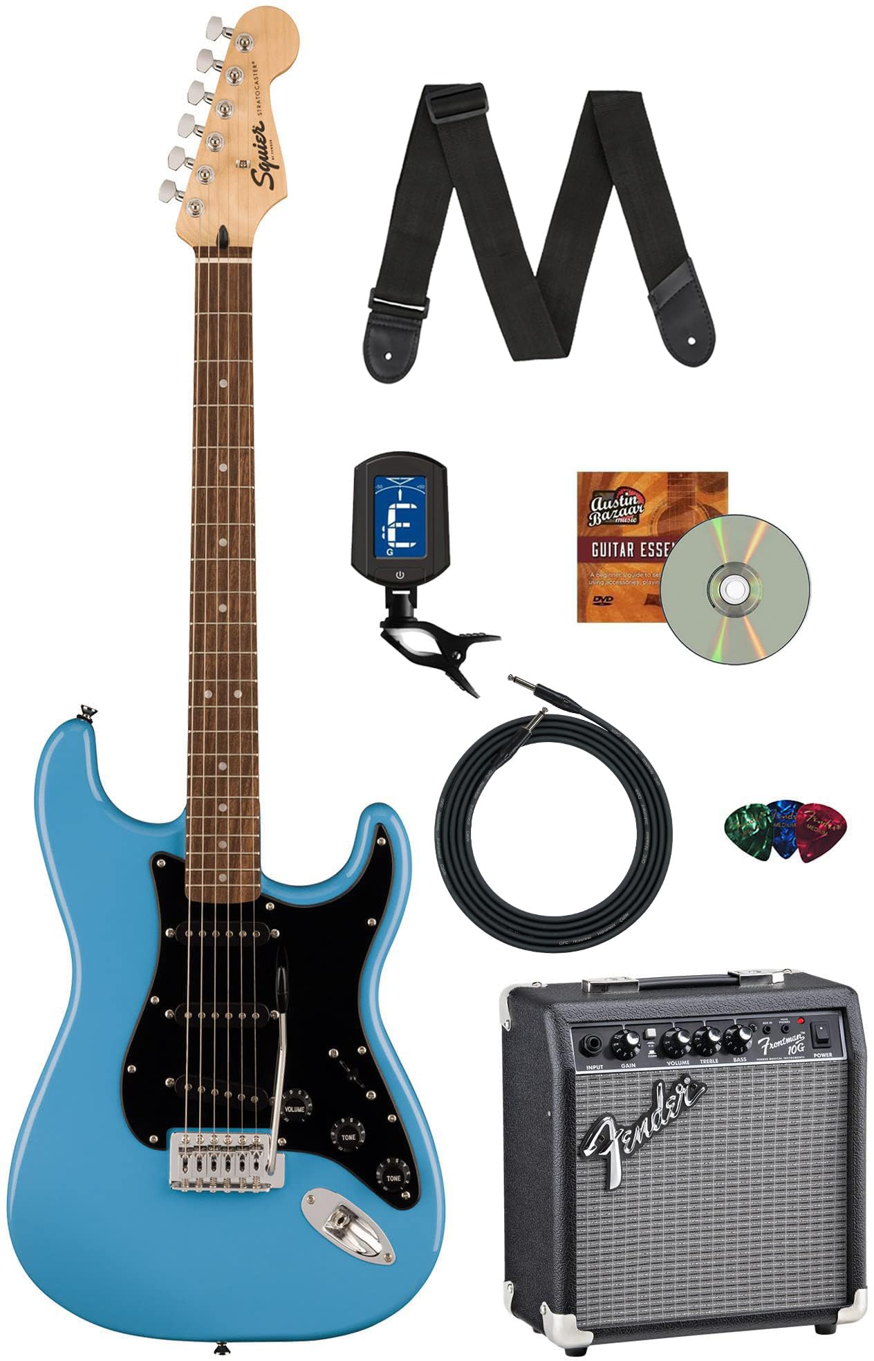 Fender Squier Sonic Stratocaster - California Blue Bundle With Amp, Tuner, Strap, Cable, Picks, And Austin Bazaar Guitar Dvd