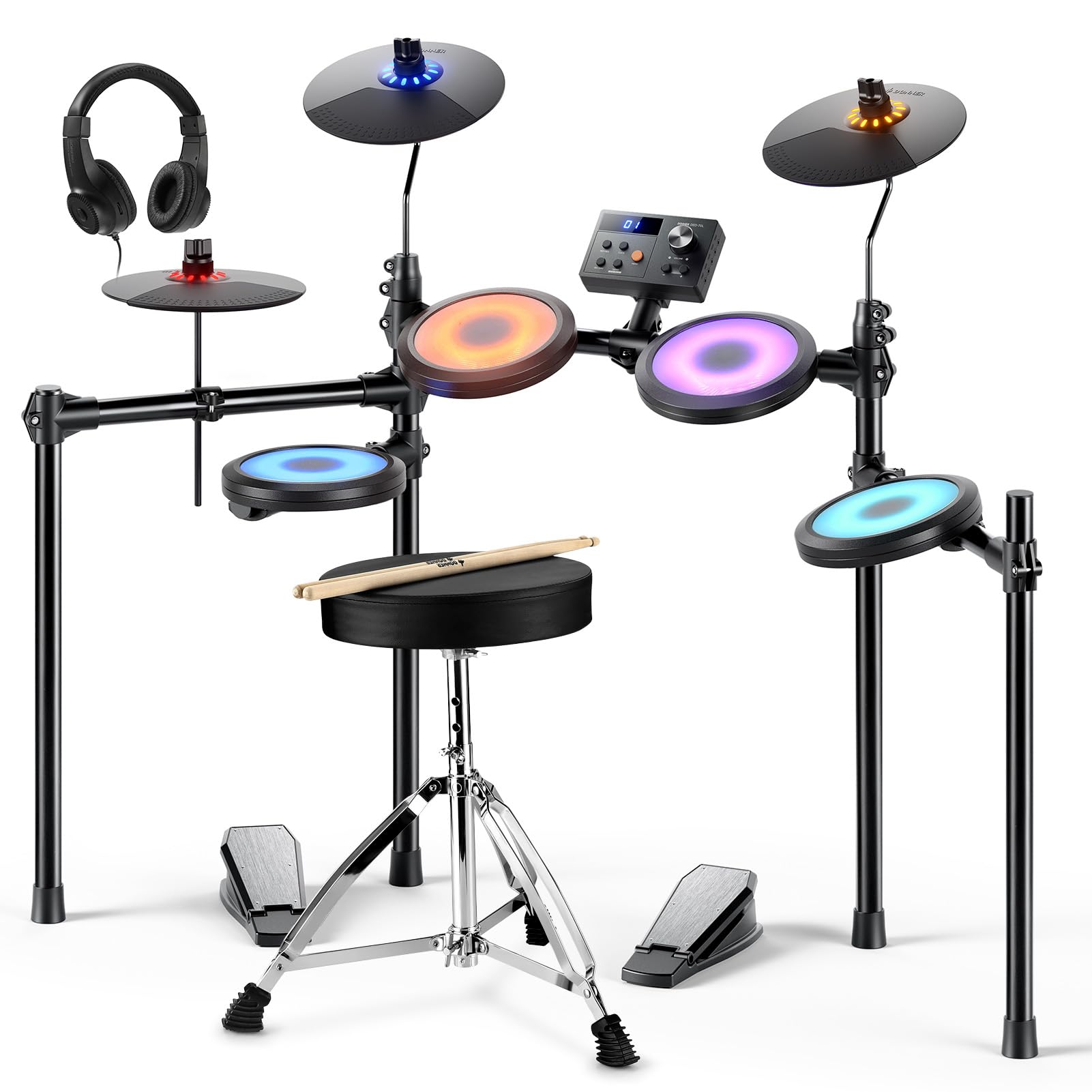 Donner DED-70L Electronic Drum Set with LED Light Up Quiet Mesh Drum Pads & 9 Cymbals, 150 Sounds, 15 Drum Kits, USB MIDI, Type-