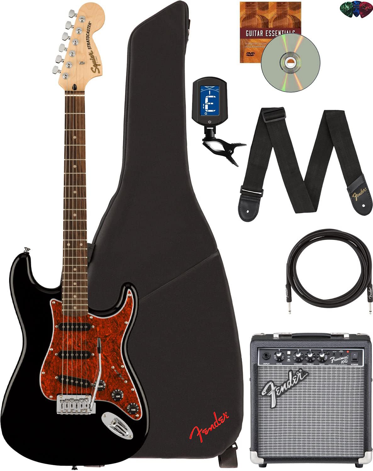 Fender Squier Affinity Stratocaster - Limited Edition Black, Bundle With Frontman 10G Amplifier, Gig Bag, Tuner, Instrument Cabl