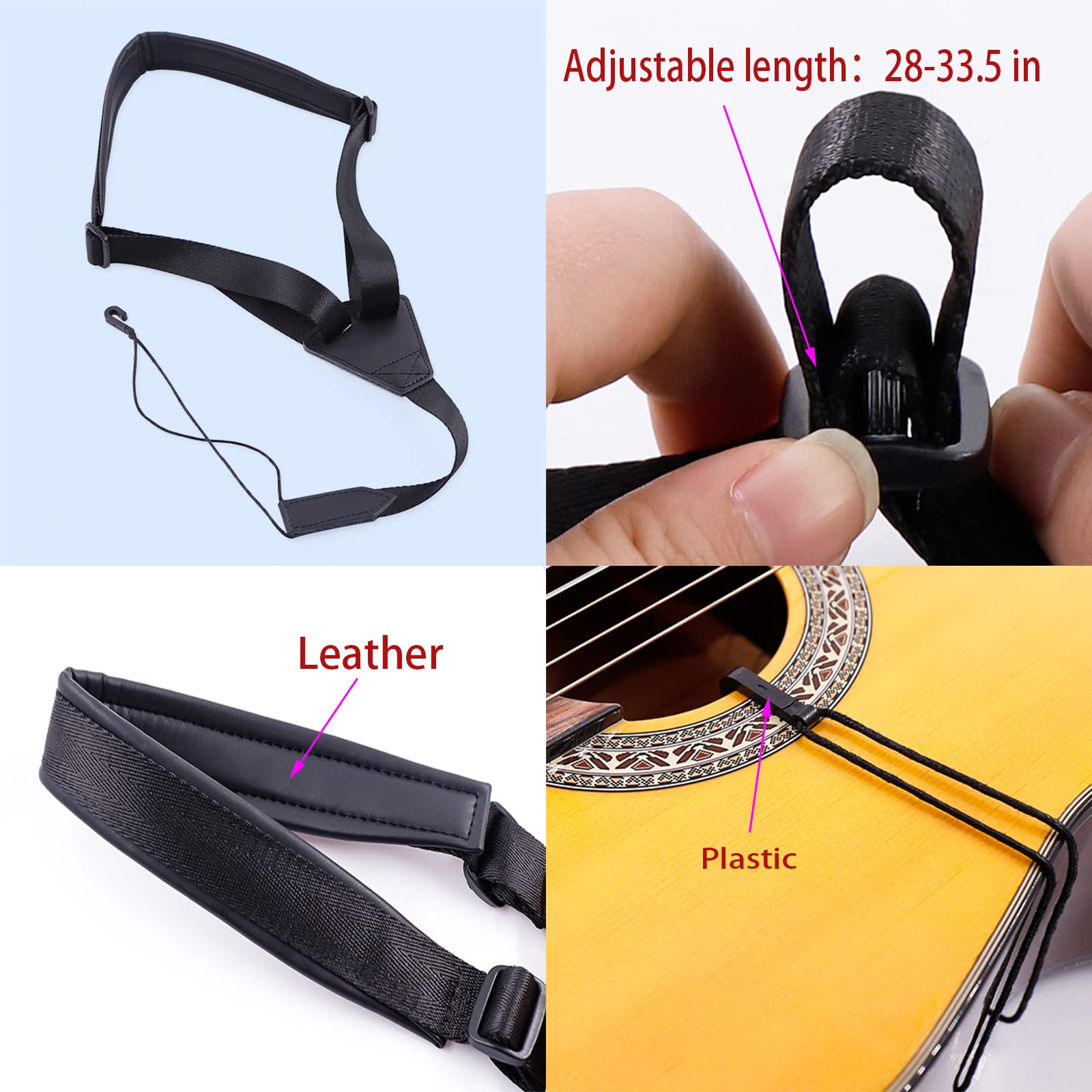 RAUYIVANY Classical Guitar Strap,Soft Leather Shoulder Strap Width 1.5 in, Length Adjustable 28-33.5 in, Suitable for Classical