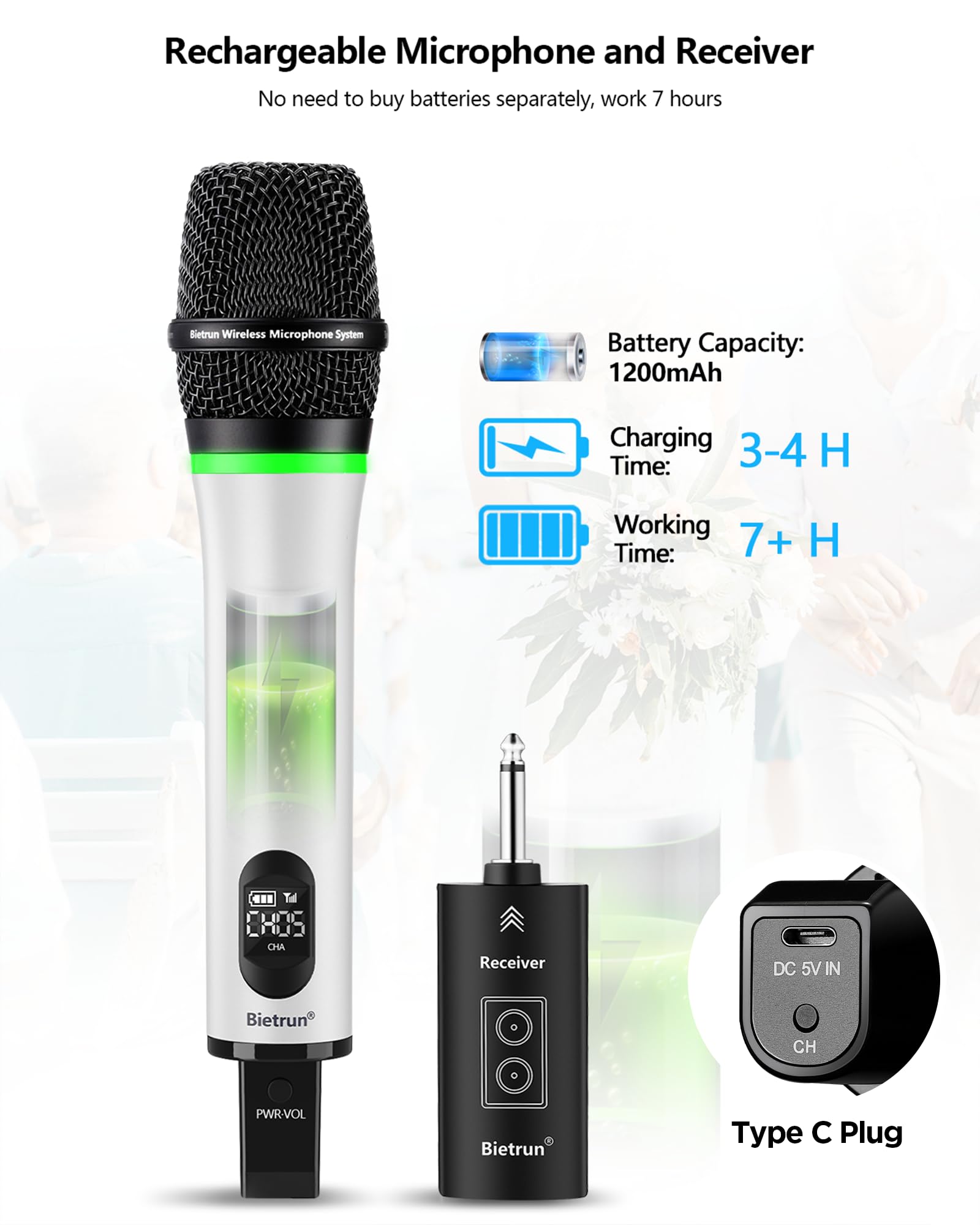 Bietrun Wireless Microphone Rechargeable, 168FT Range Bluetooth Microphone Wireless (Work 7 hrs) with 1/4'' Output, UHF Metal Ha
