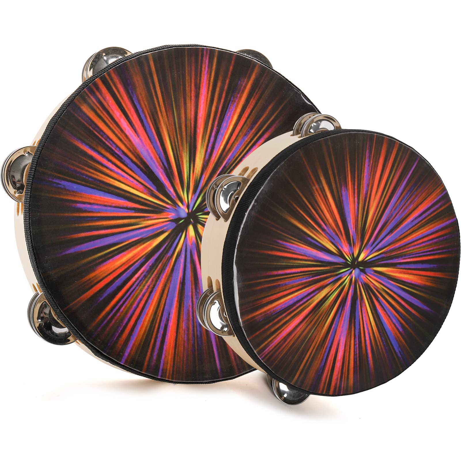 ZEAYEA 2 Pack Radiant Tambourine, 8 Inch 10 Inch Double Row Jingle Tambourine for Kids Adults Church, Hand Held Drums Percussion