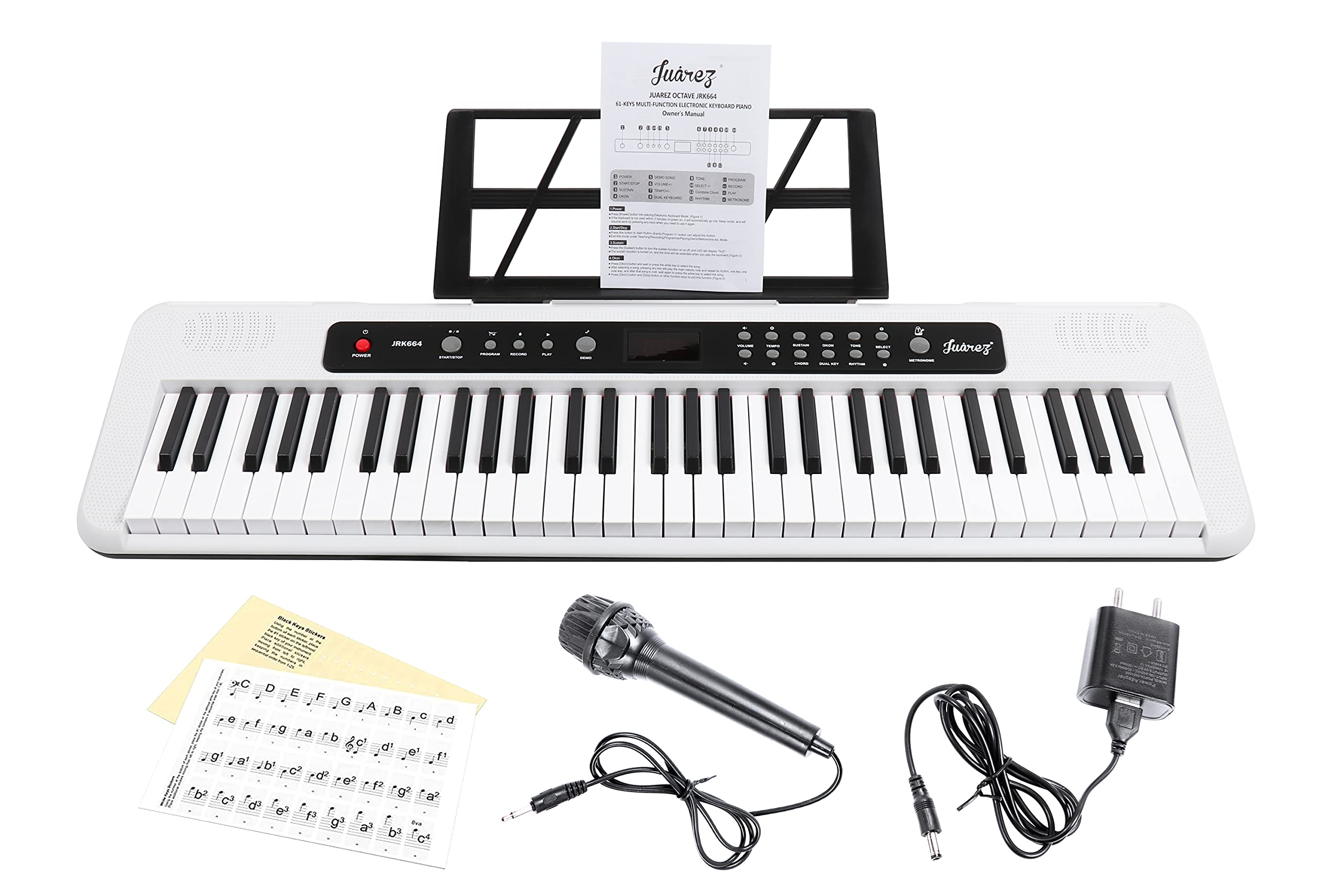 Juarez Jrk664 61-Key Electronic Keyboard  200 Rhythms, 200 Tones, 70 Demo Songs, Mic, Adapter, Keynote Stickers, Stand, Record &