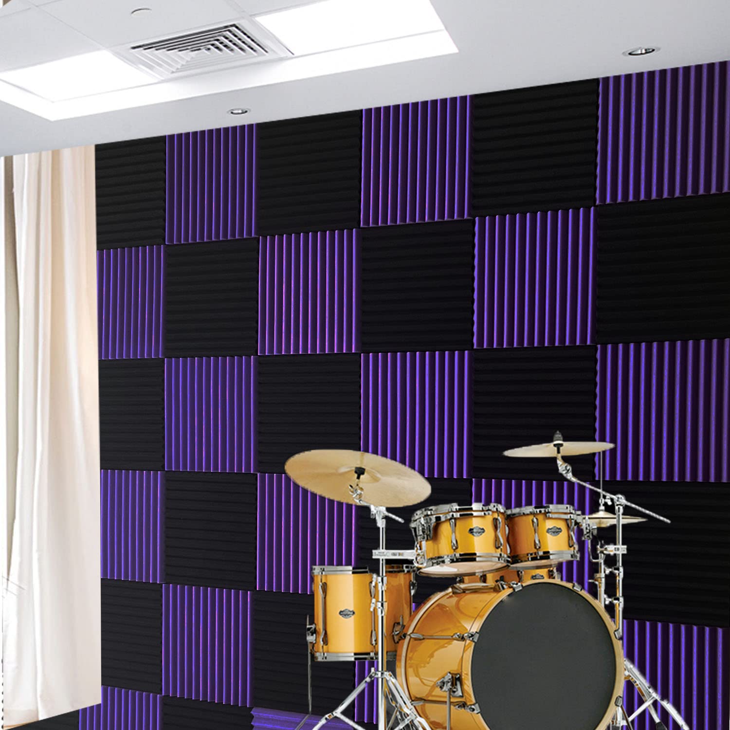 96 Pack Allxinlog Absorb the echo Acoustic Foam Panel Wedge Studio Soundproofing Wall Tiles 12'' X 12'' X 1'' (48Purple+48Black)