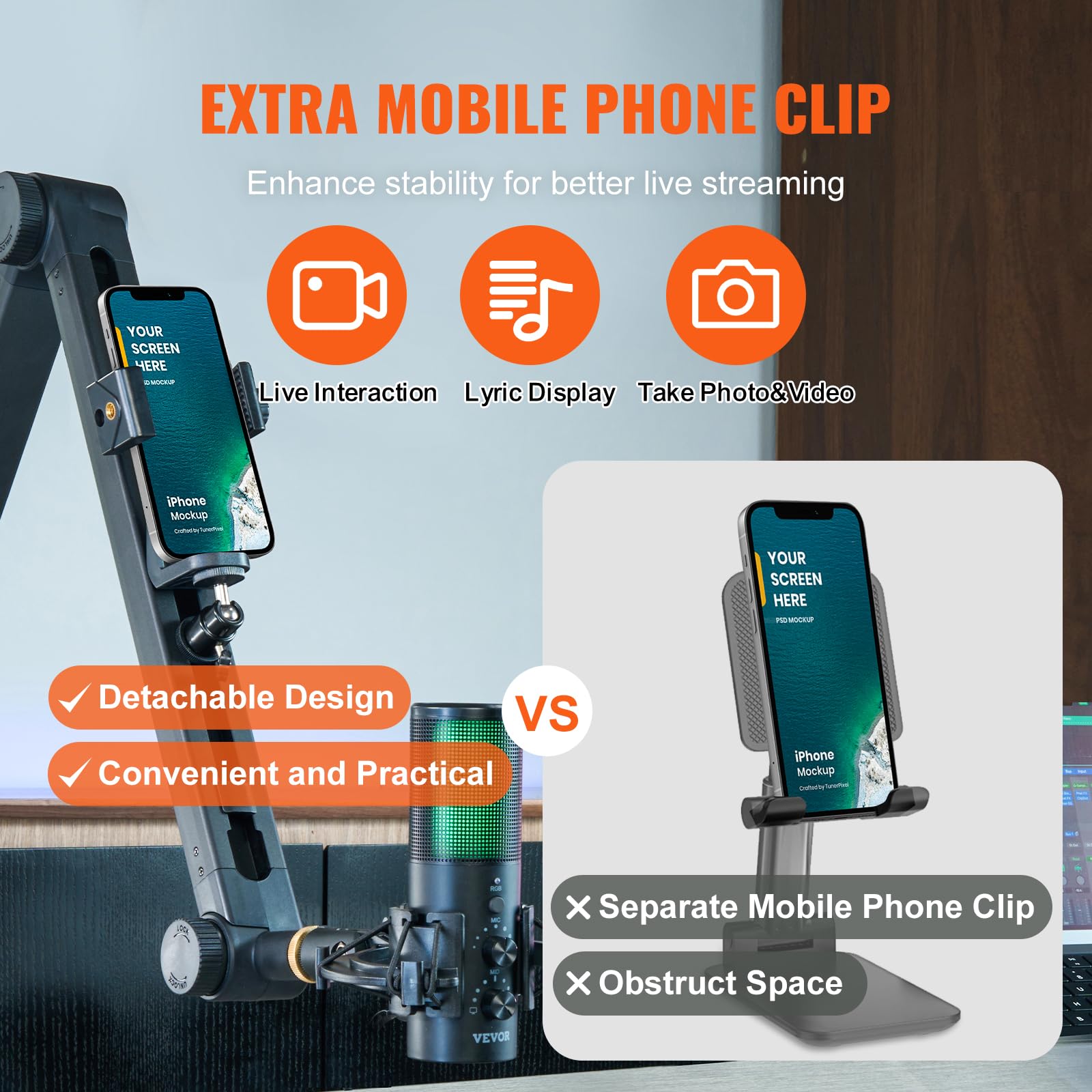 VEVOR Microphone Boom Arm, with Desk Mount Clamp, Adjustable Mic Stand with Cable Management,360 Rotatable,3/8'' to 5/8'' Adapte