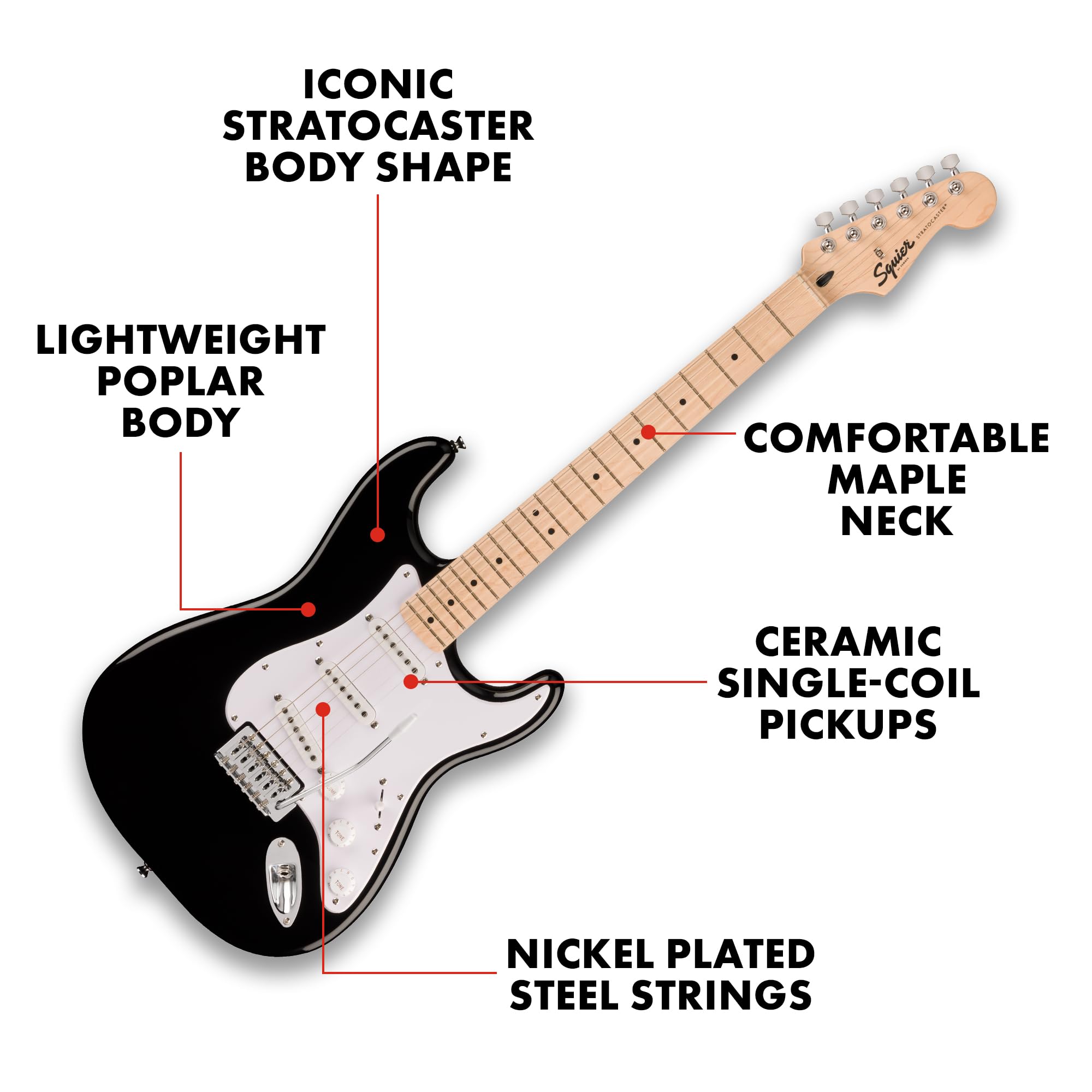 Squier by Fender Electric Guitar Kit, with 2-Year Warranty, Sonic Stratocaster, Maple Fingerboard, Black, Poplar Body, Maple Nec
