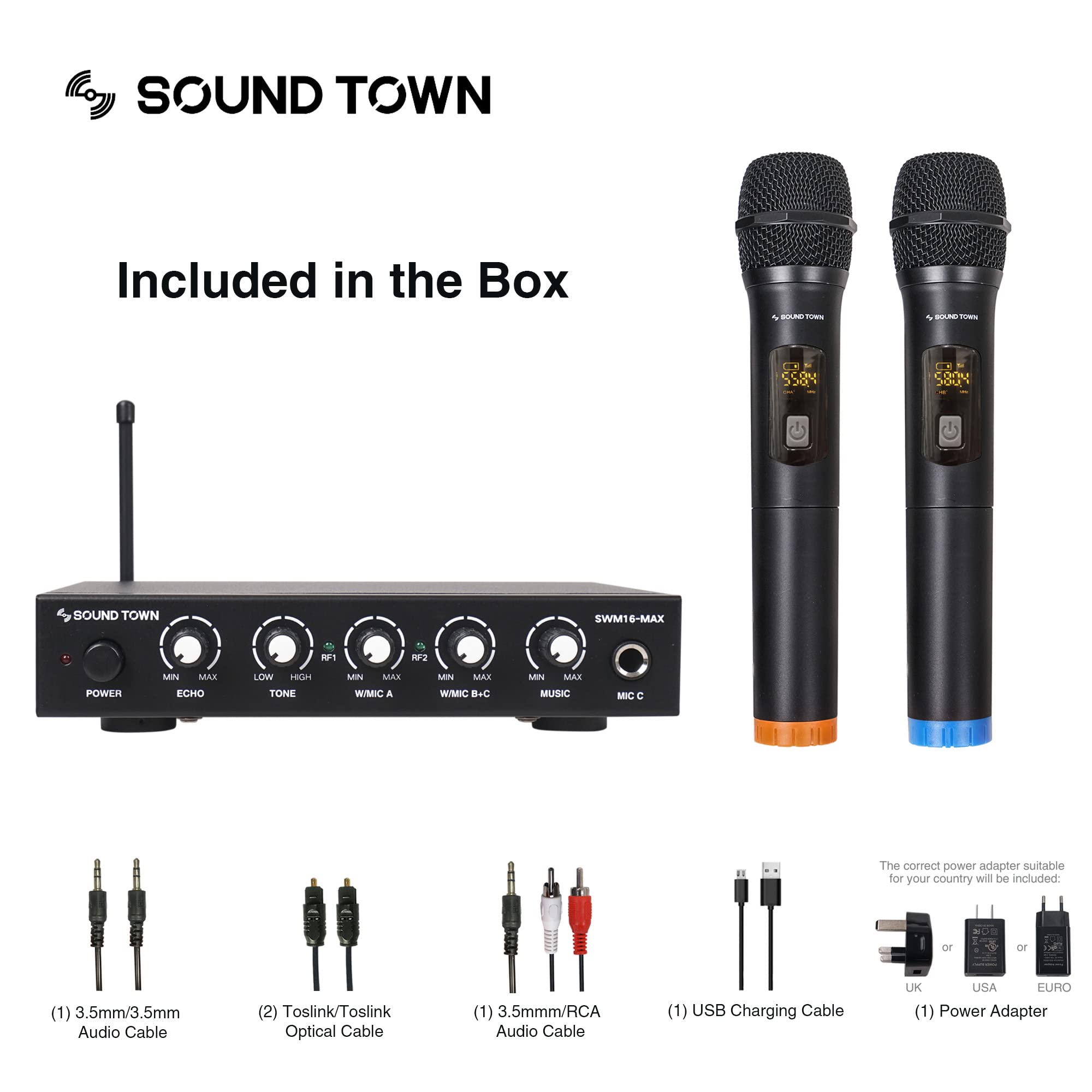 Sound Town Wireless Microphone Karaoke Mixer System with HD Audio Return Channel, Optical (Toslink), AUX, Supports Smart TV, Med