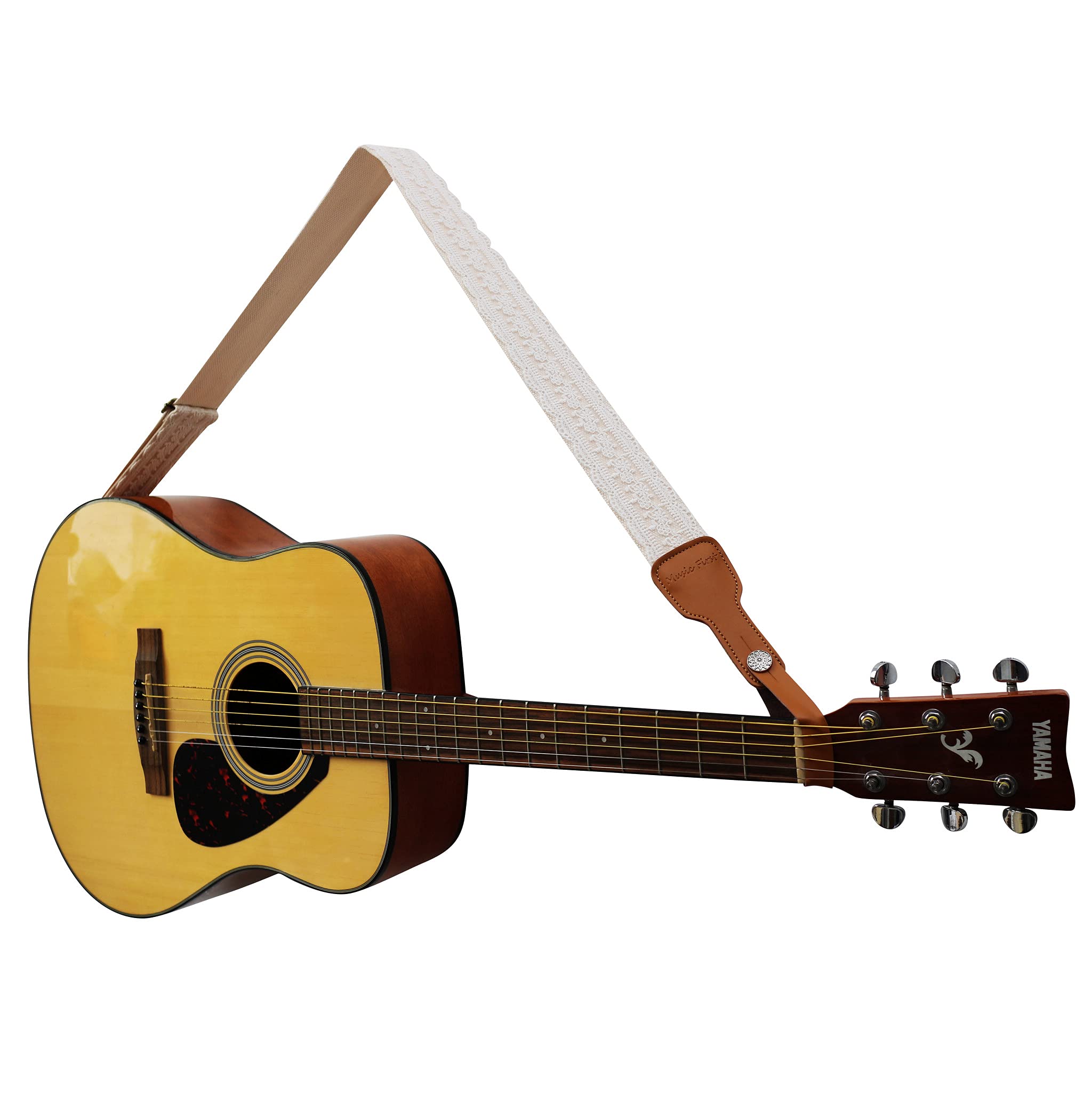 MUSIC FIRST Original Design, 2 inch width (5cm), White Graceful & Vintage''Lace'' Soft Lace & Genuine Leather Delux Guitar Strap