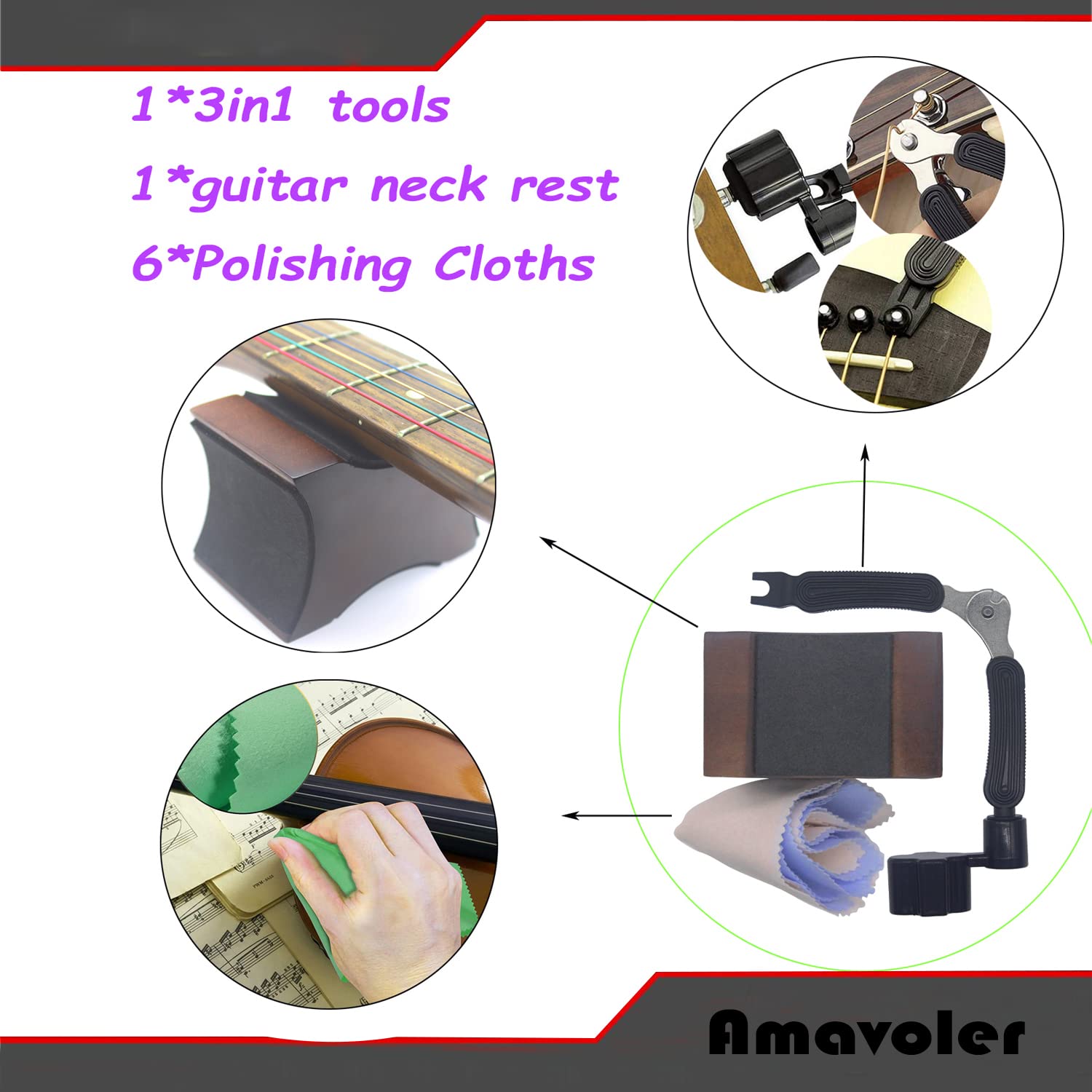 Amavoler Guitar Neck Rest Support Cradle + Guitar String Winder and Cutter Tool - Guitar Accessories Tool Kit for Repair, Mainte