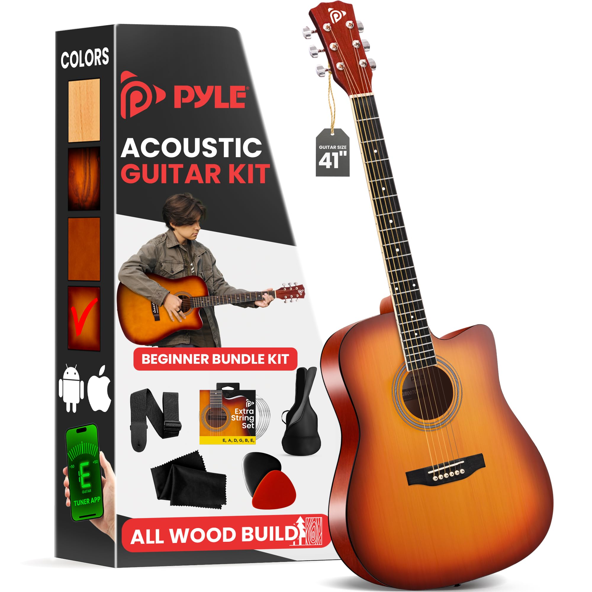 Pyle Steel String Acoustic Guitar Kit, 4/4 Full Size Cutaway All-Wood Guitarra Acustica With Premium Accessory Set And Upgraded