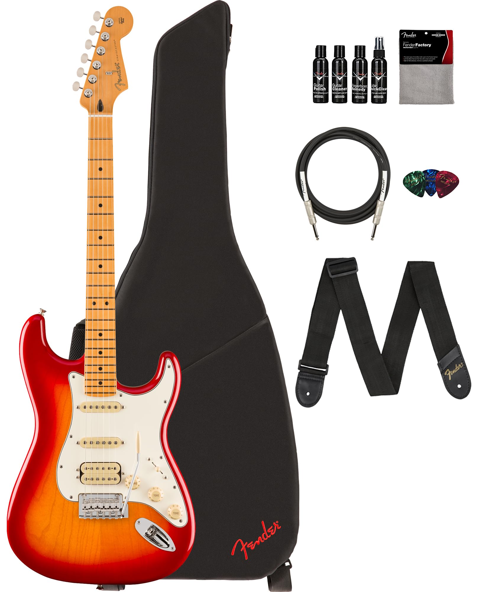 Fender Player Ii Stratocaster Hss - Aged Cherry Burst Bundle With Gig Bag, Strap, Cable, 3-Pack Picks And Guitar Cleaning Kit