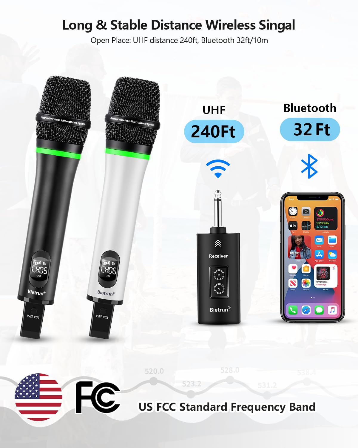 Bietrun Rechargeable Wireless Microphone,Dual Metal Cordless Handheld Dynamic Wireless Mics with Bluetooth, UHF 240FT Range for