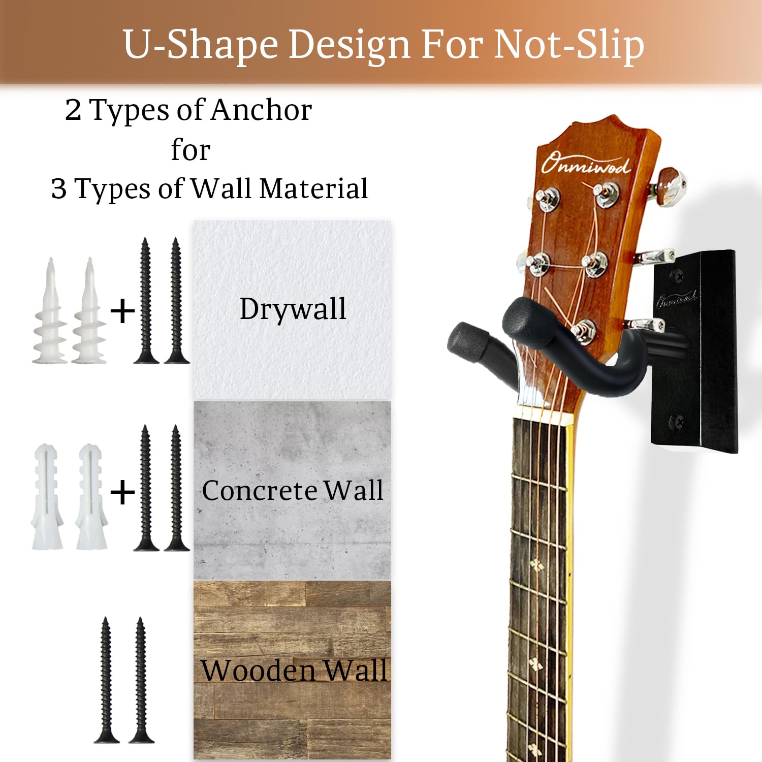 Onmiwod Guitar Wall Mount 3 Pack, Real Hardwood Guitar Hanger, U-Shaped Guitar Wall Hanger Mount, Guitar Holder Hook Stand Wall
