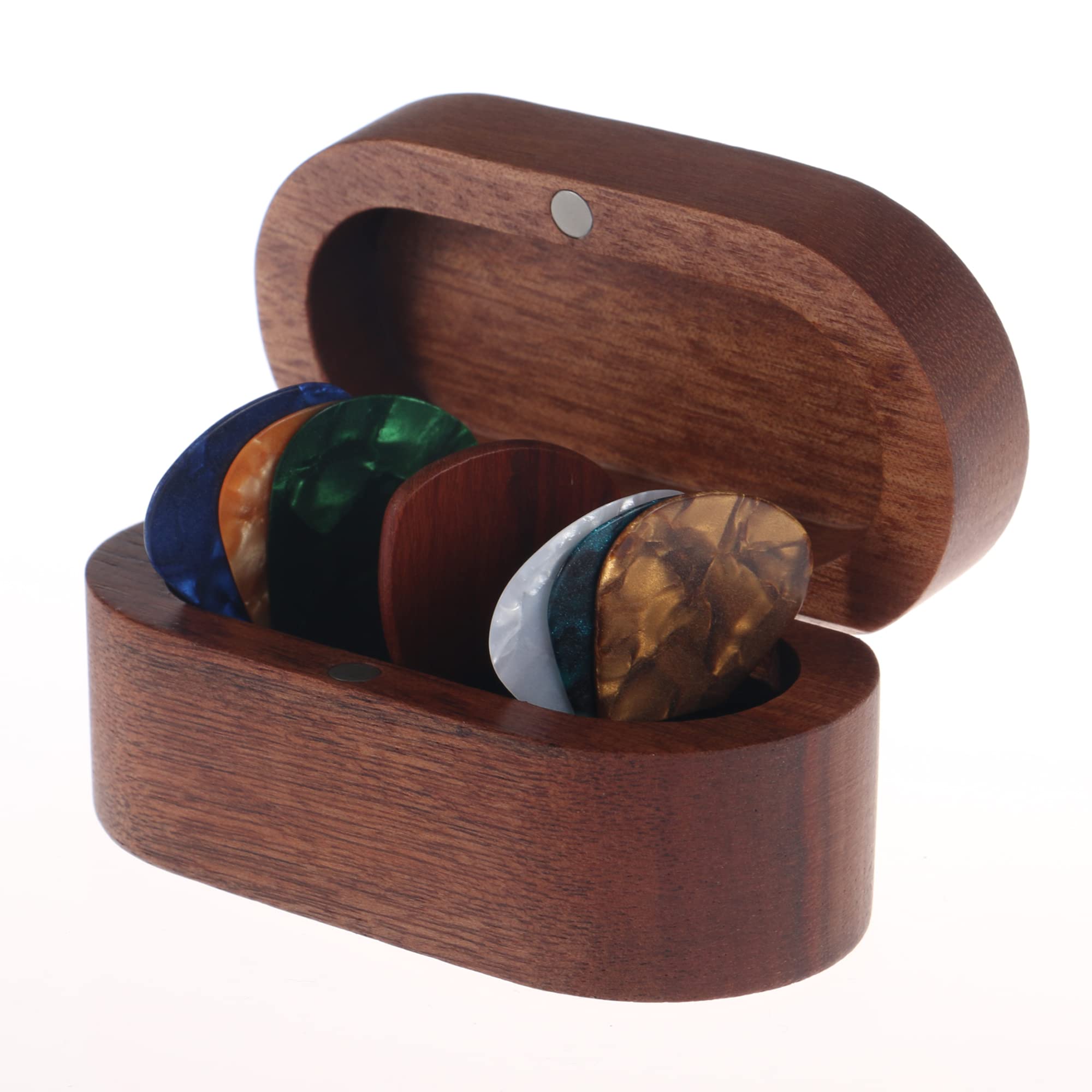 Mylywoo Sapele Guitar Pick Holder Set With 1 Rosewood Pick And 6 Celluloid Picks In 3 Thicknesses, Mini Wooden Jewelry Organizer