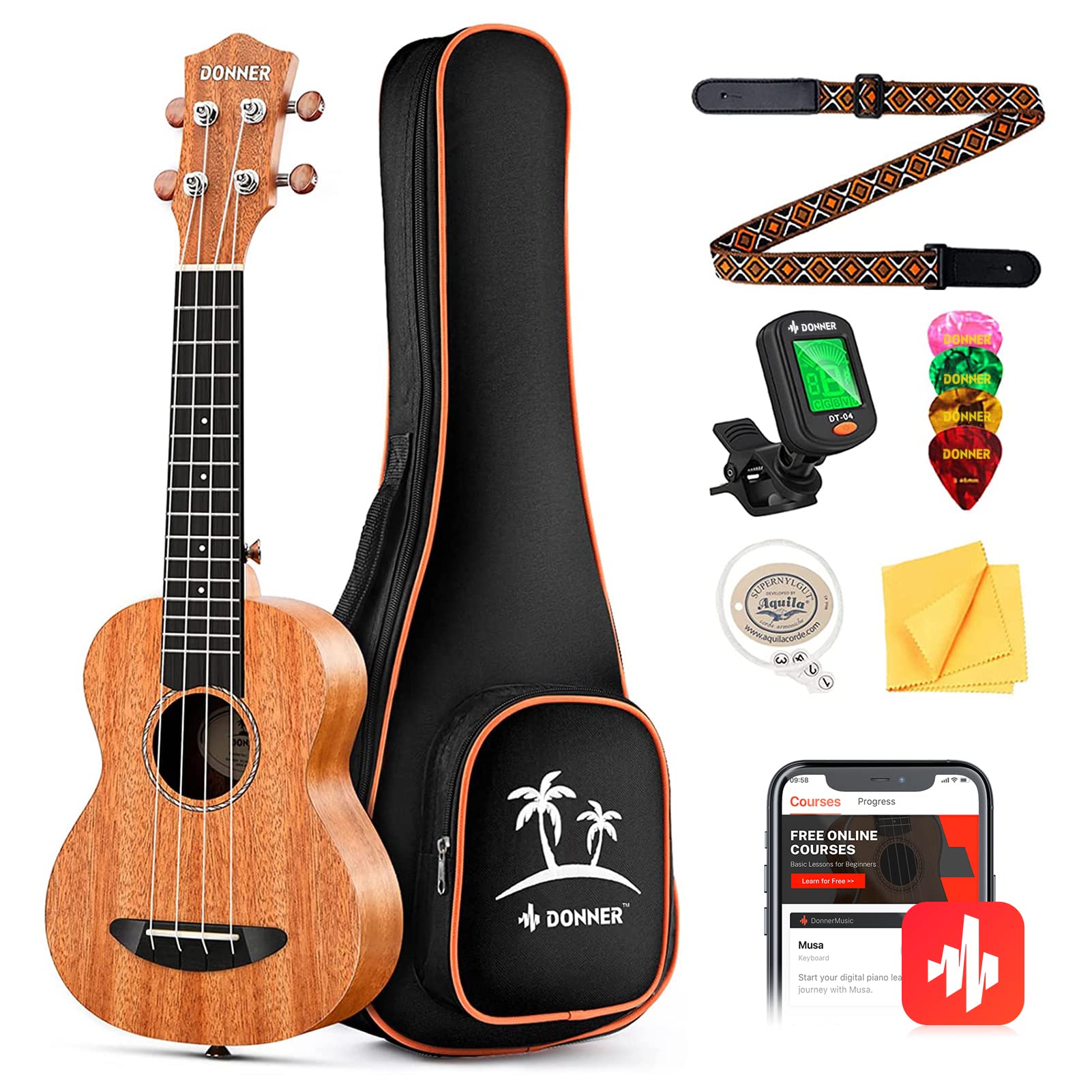 Donner Soprano Ukulele Mahogany 21 inch Ukelele Beginner Kit Online Lesson Gig Bag Strap Nylon String Tuner Picks Cloth DUS-1 Uk
