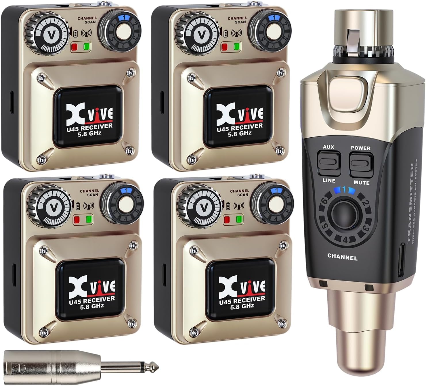 Xvive U45R4 Wireless in Ear Monitor System 5.8ghz IEM System 1 Transmitter and 4 Bodypack Receiver for Studio, Band Rehearsal, L