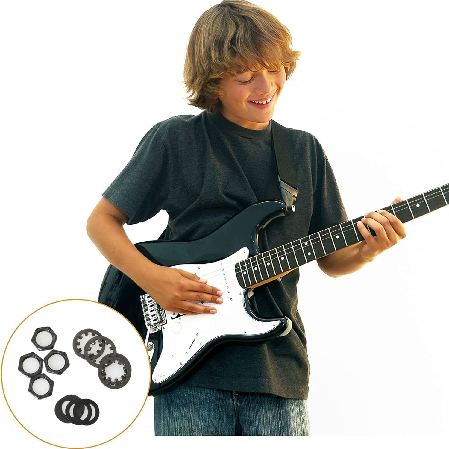 DGBRSM 4 Sets 3/8'' Guitar Nut Flat Washer and Locking Washer Metal Hex Nut for US CTS Pots and Jacks, Black