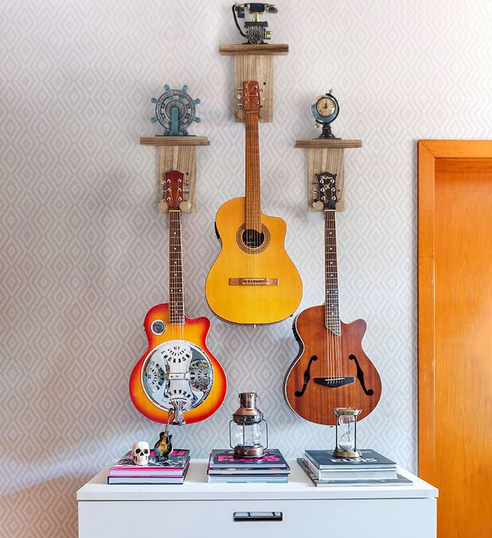 Keebofly Guitar Wall Mount,2 Pack Guitar Hanger Wall Guitar Shelf with Pick Holder Wood Guitar Rack for Acoustic or Electric Gui