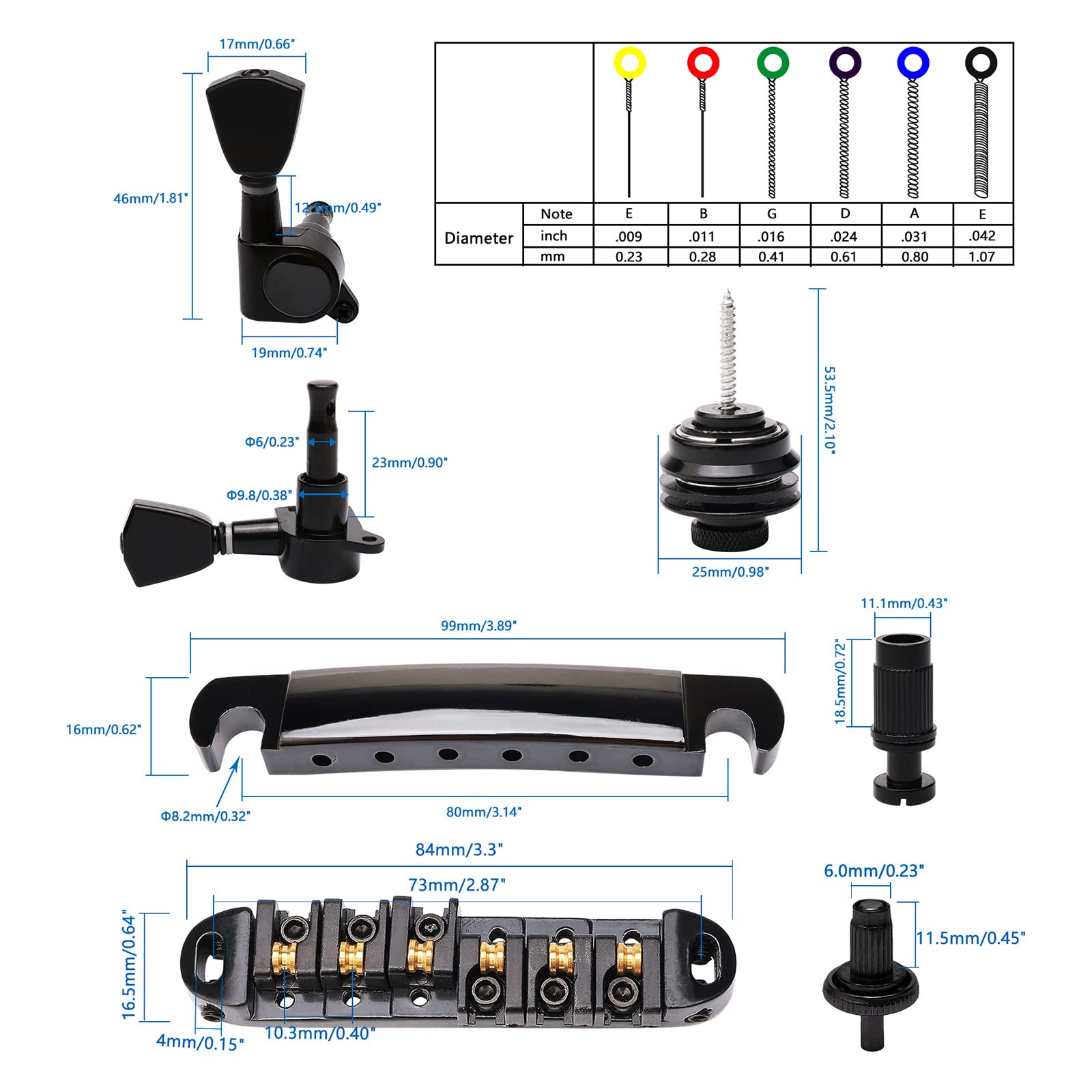 Unxuey Guitar Roller Saddle Tune-O-Matic Guitar Bridge and Tailpiece for LP Electric Guitar, with 3L3R String Tuning Pegs, 6PCS