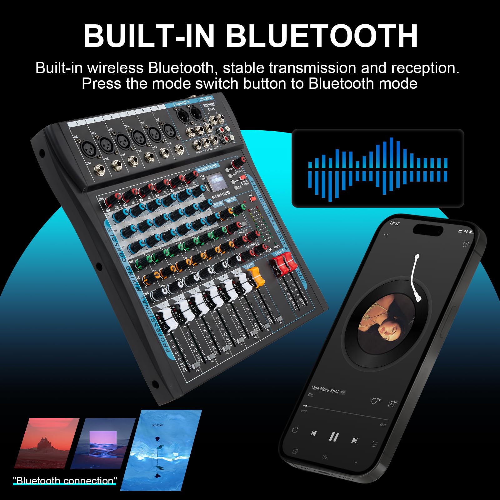 SIKUING 6 Channel Audio Mixer Board for Streaming, Professional Sounds Board with 16 DSP Effects, USB Audio Interface and 48V Ph