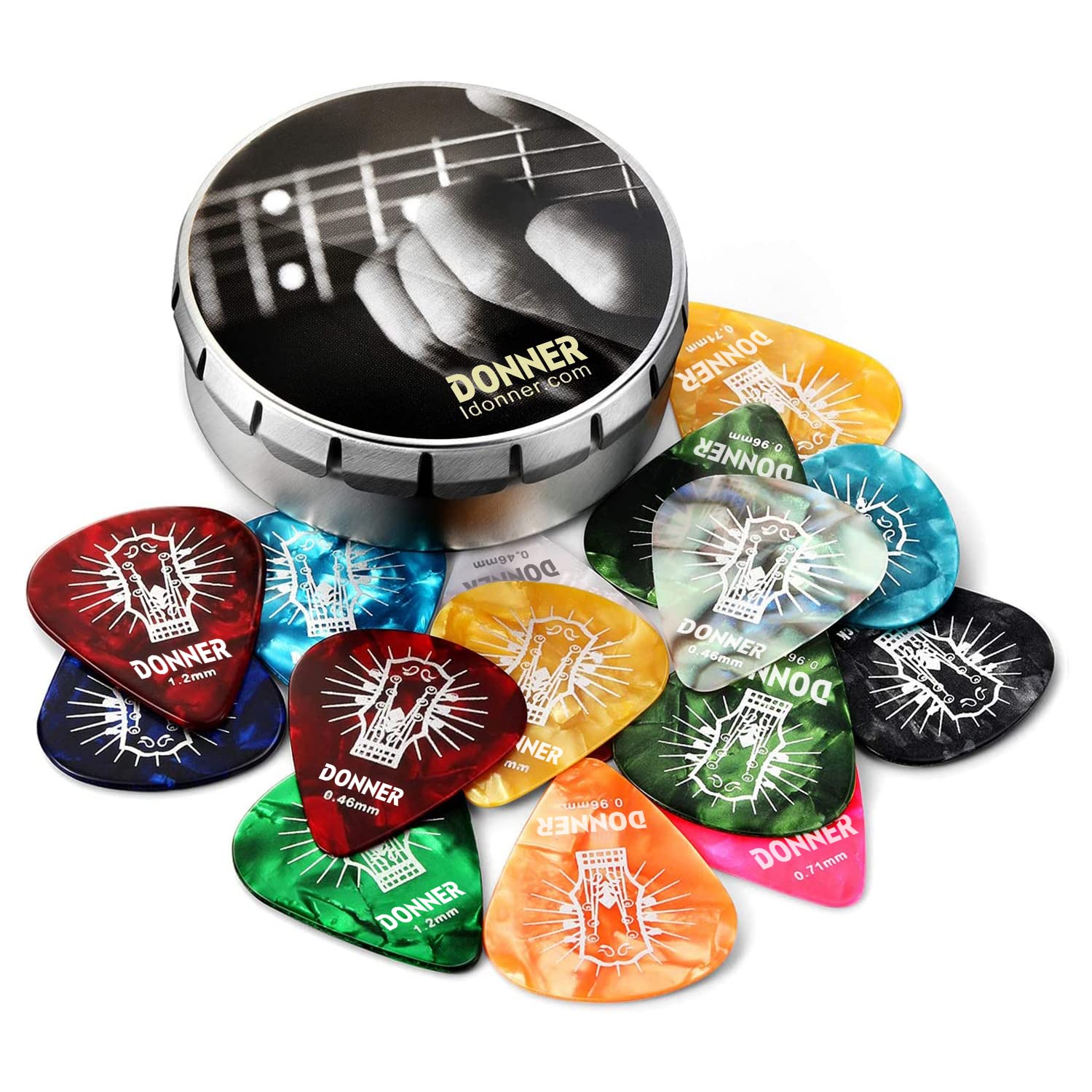 Donner Celluloid Guitar Picks 16 Pack With Tin Box Includes Thin, Medium, Heavy & Extra Heavy Picks, For Acoustic Guitar Electri
