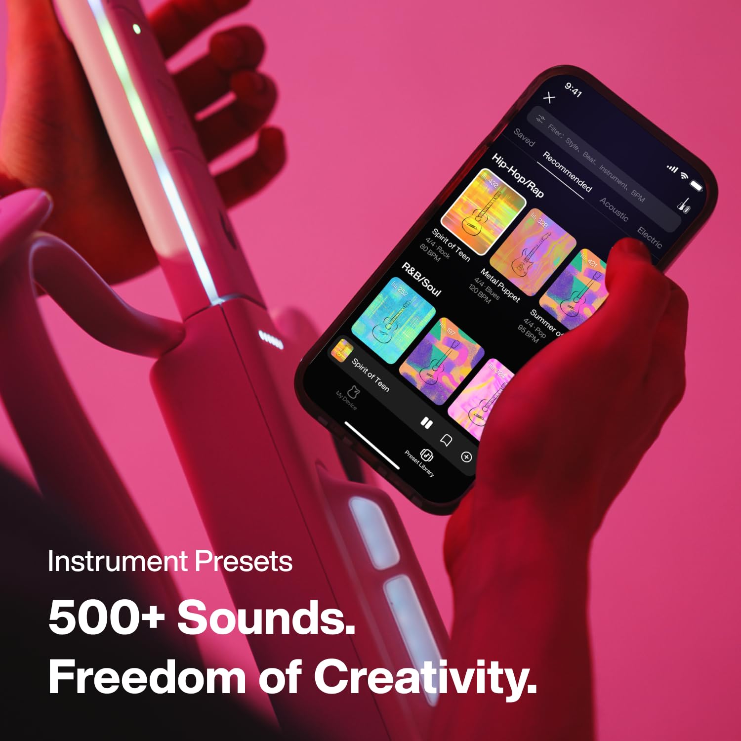 LAVA GENIE Stringless Smart Guitar, No Strings Attached, Hundreds of Instrument Presets, Onboard Speaker, Foldable, Detachable,