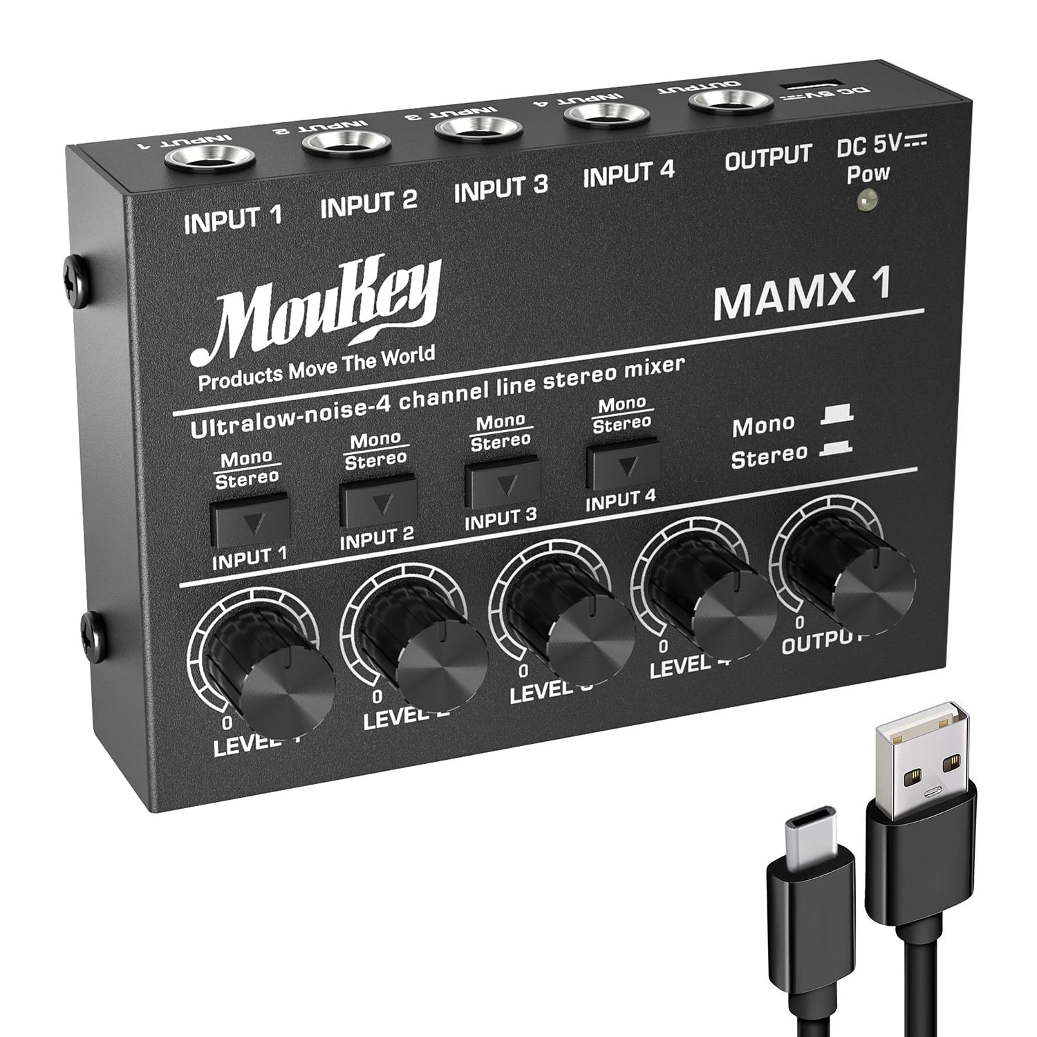 Moukey Mini Audio Mixer Line Mixer, DC 5V, 4-Stereo Ultra, Low-Noise 4-Channel for Sub-Mixing, for Small Clubs or Bars, As Guita