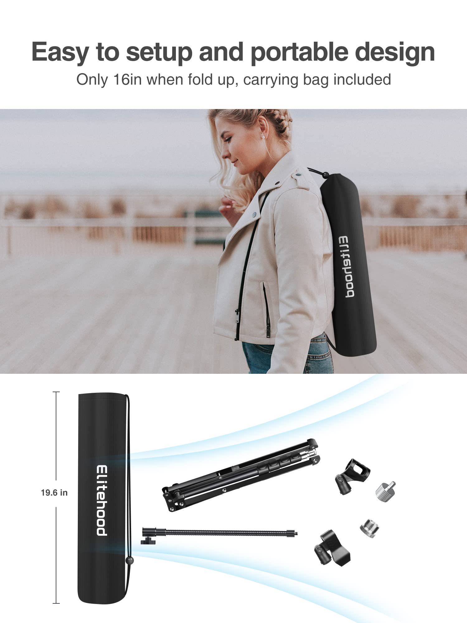 Elitehood Aluminum Foldable Microphone Stand, 82 Tall & Height Adjustable Mic Stand Boom, Microphone Tripod Stand with Mic Clip