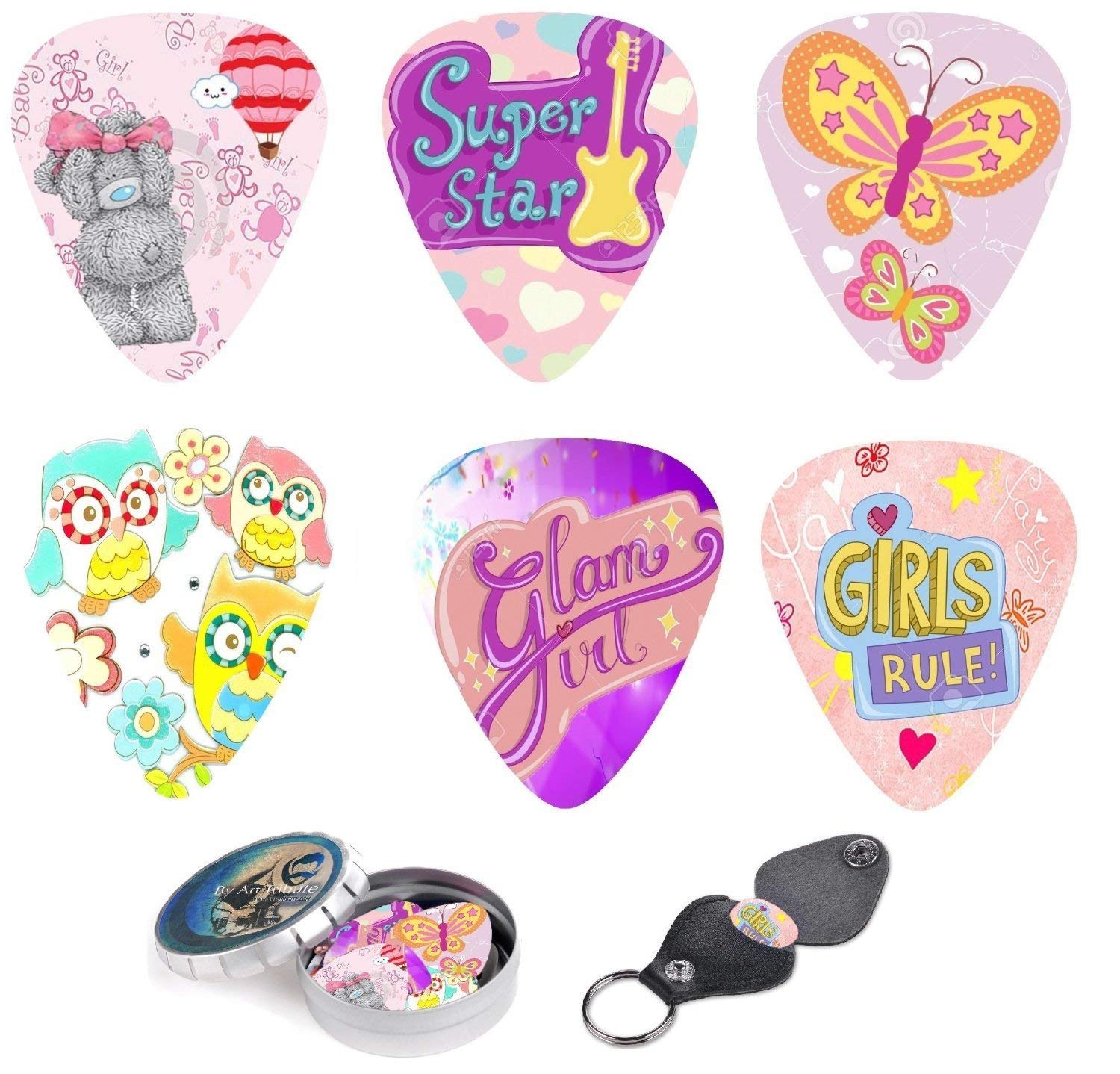 Kids Guitar Picks For Girls Pink Butterfly Christmas Gift Cool 12 Medium Celluloid Picks W/Free Bonus Sleek Tin Box & Pick Holde