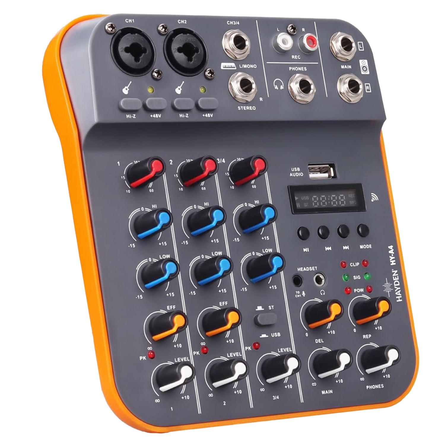HAYDEN HY-A4 4-Channel Mixer - Professional Audio Mixing Console with Bluetooth, USB Sound Card, 48V Phantom Power, MP3, Phone L