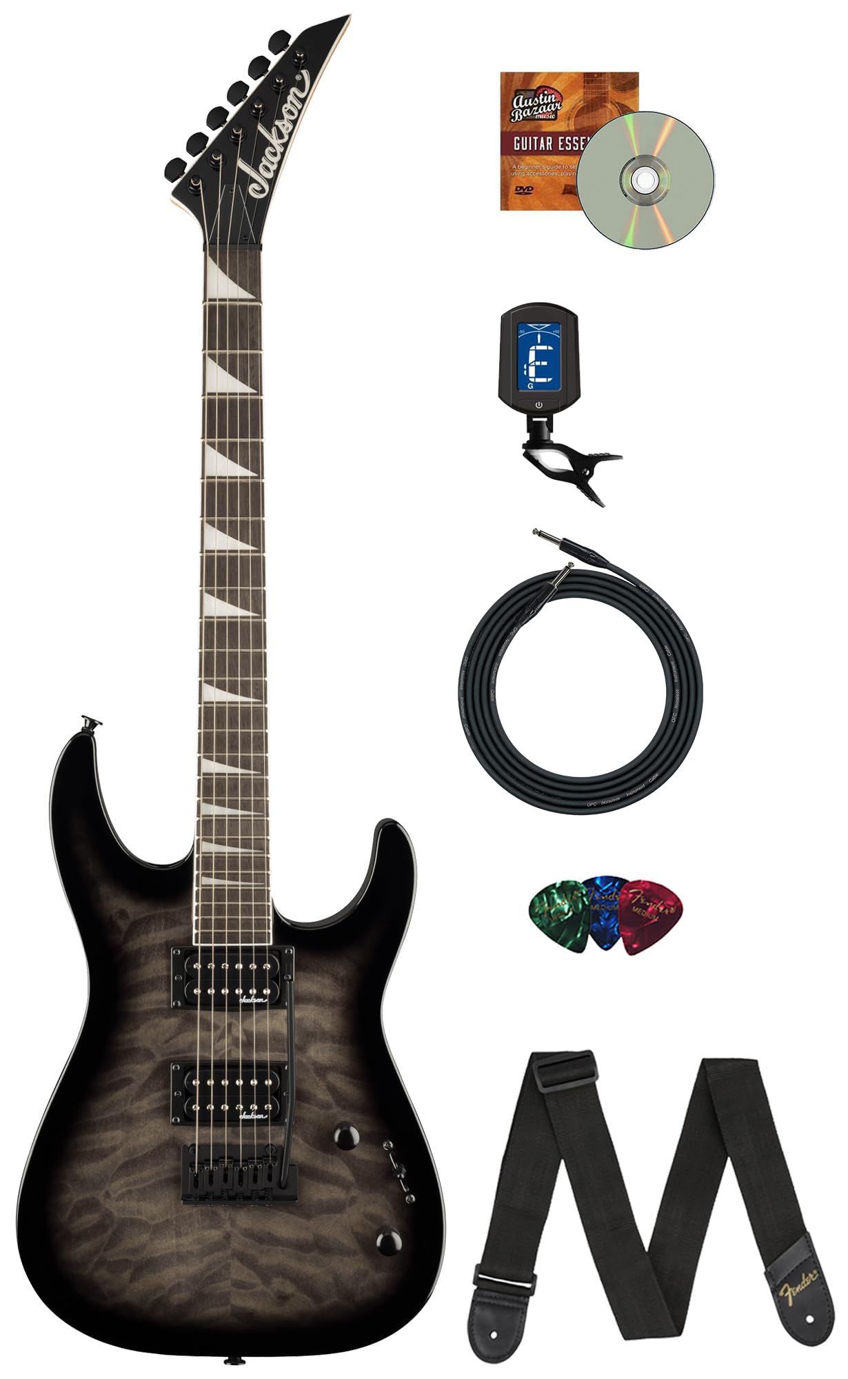 Jackson Js Series Dinky Js20 Dkq 2Pt Transparent Black Burst Bundle With Cable, Tuner, Strap, Picks, And Austin Bazaar Guitar Dv