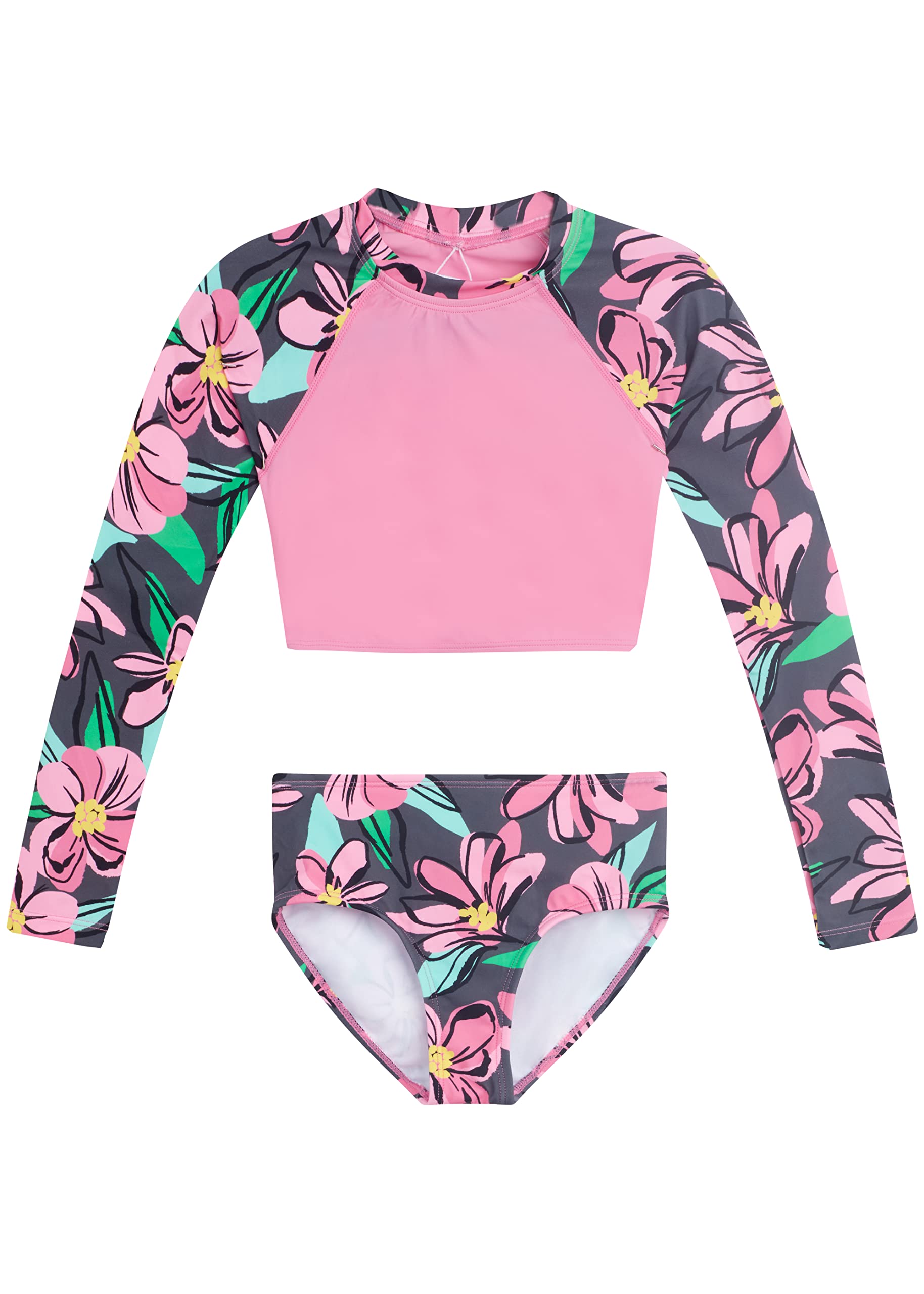 Kanu Surf Girls Long Sleeve Rashguard Upf 50 Two Piece Swim Set, Sunflower Pink, 12