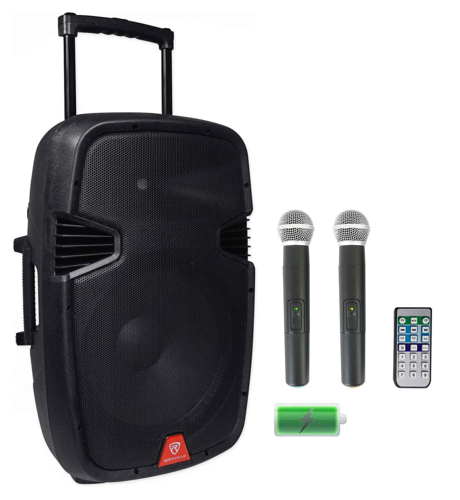 Rockville RAM15BT 15 800W Peak/200W RMS Powered PA DJ Speaker, Bluetooth, Rechargeable Battery 4-8 Hrs, 2 Wireless Mics, TWS Lin