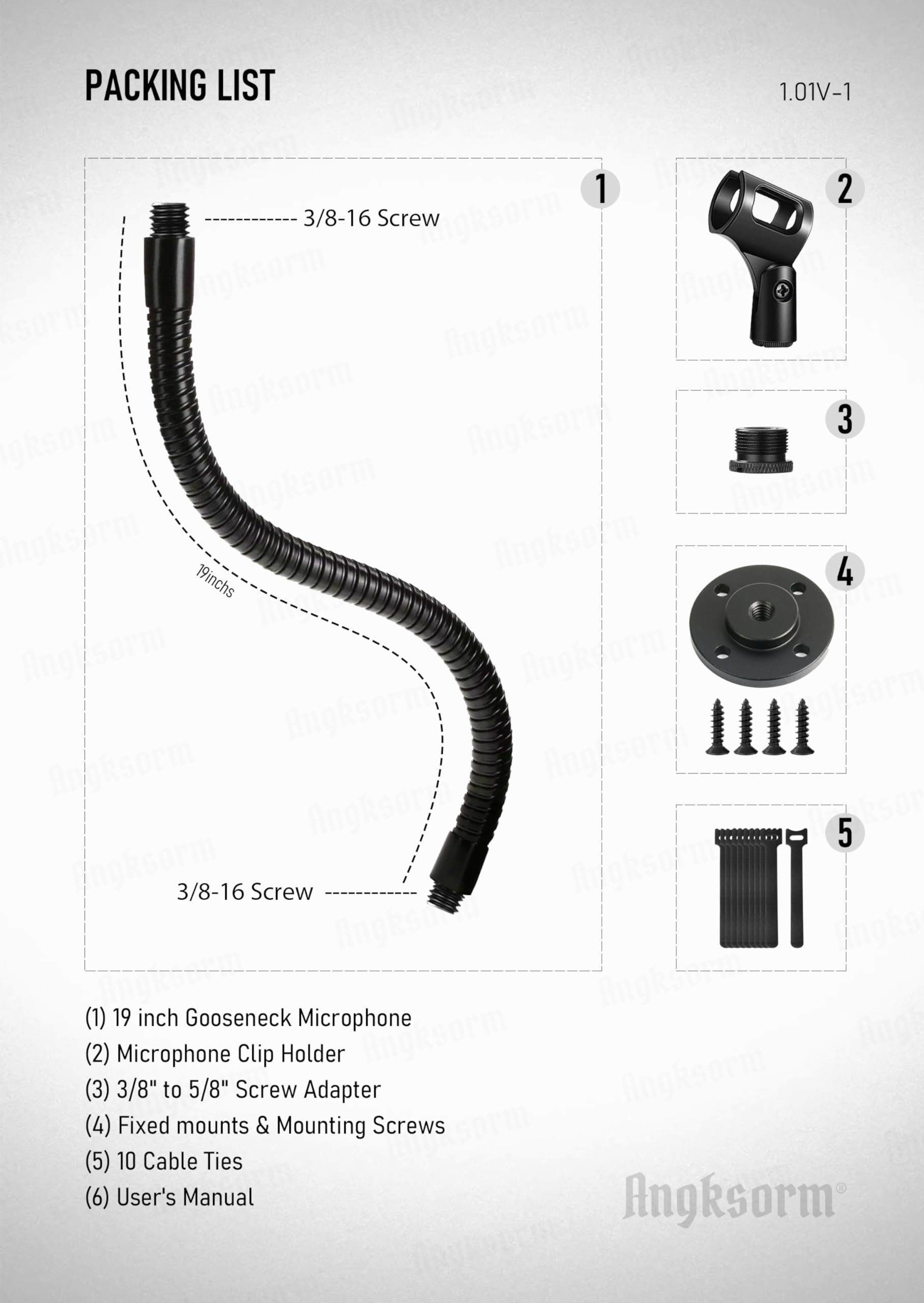 Angksorm Microphone Arm Stand 19'' Flexible Gooseneck Mic Stand Holder with Mounting Base for Table Walls Podium Podcasting Stre