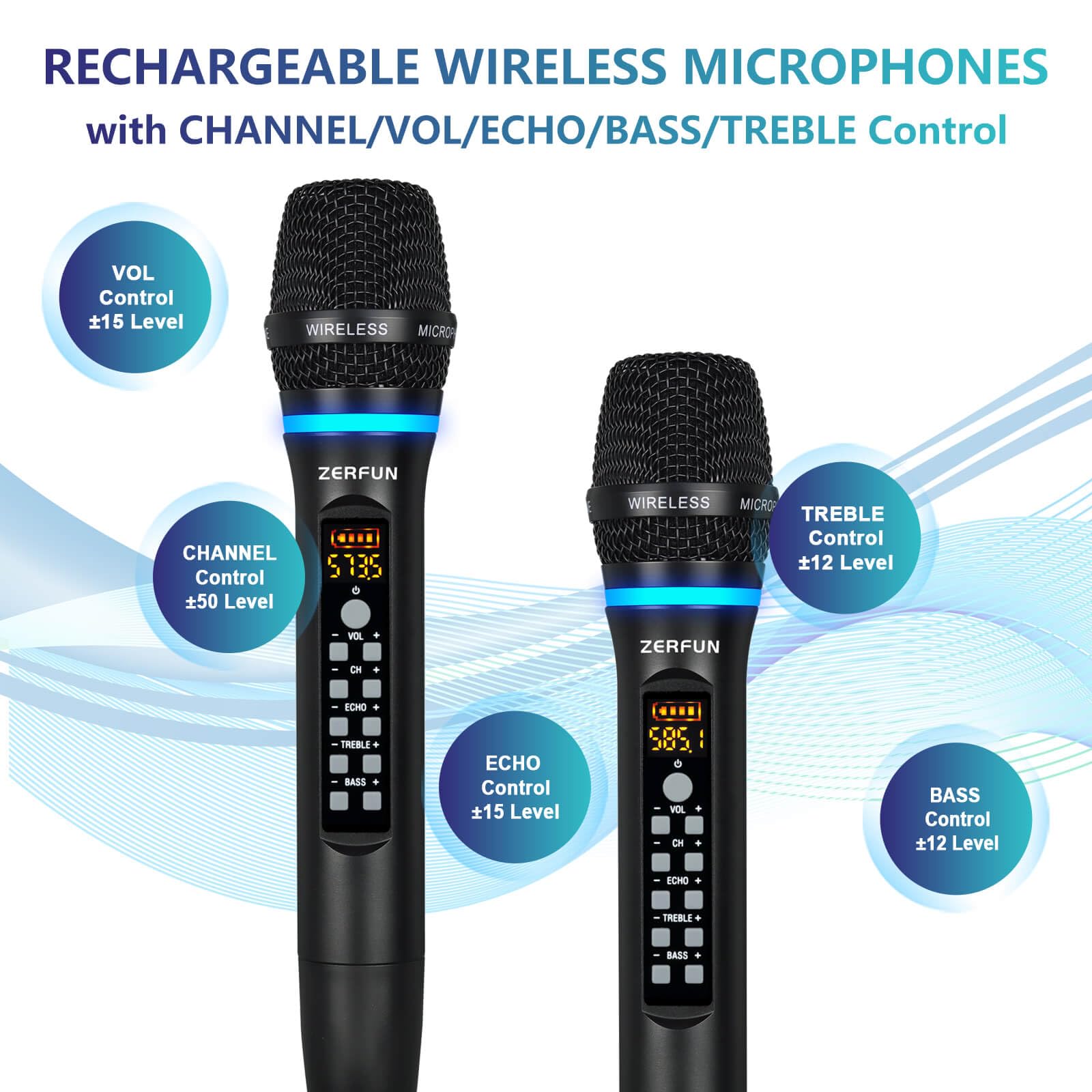 ZERFUN Dual Wireless Microphones Rechargeable, UHF Metal Wireless Mic System Cordless Microphone Professional with Echo Treble B