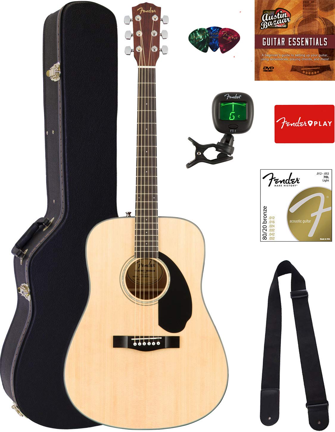 Fender Cd-60S Solid Top Dreadnought Acoustic Guitar - Natural Bundle With Hard Case, Tuner, Strap, Strings, Picks, Polishing Clo