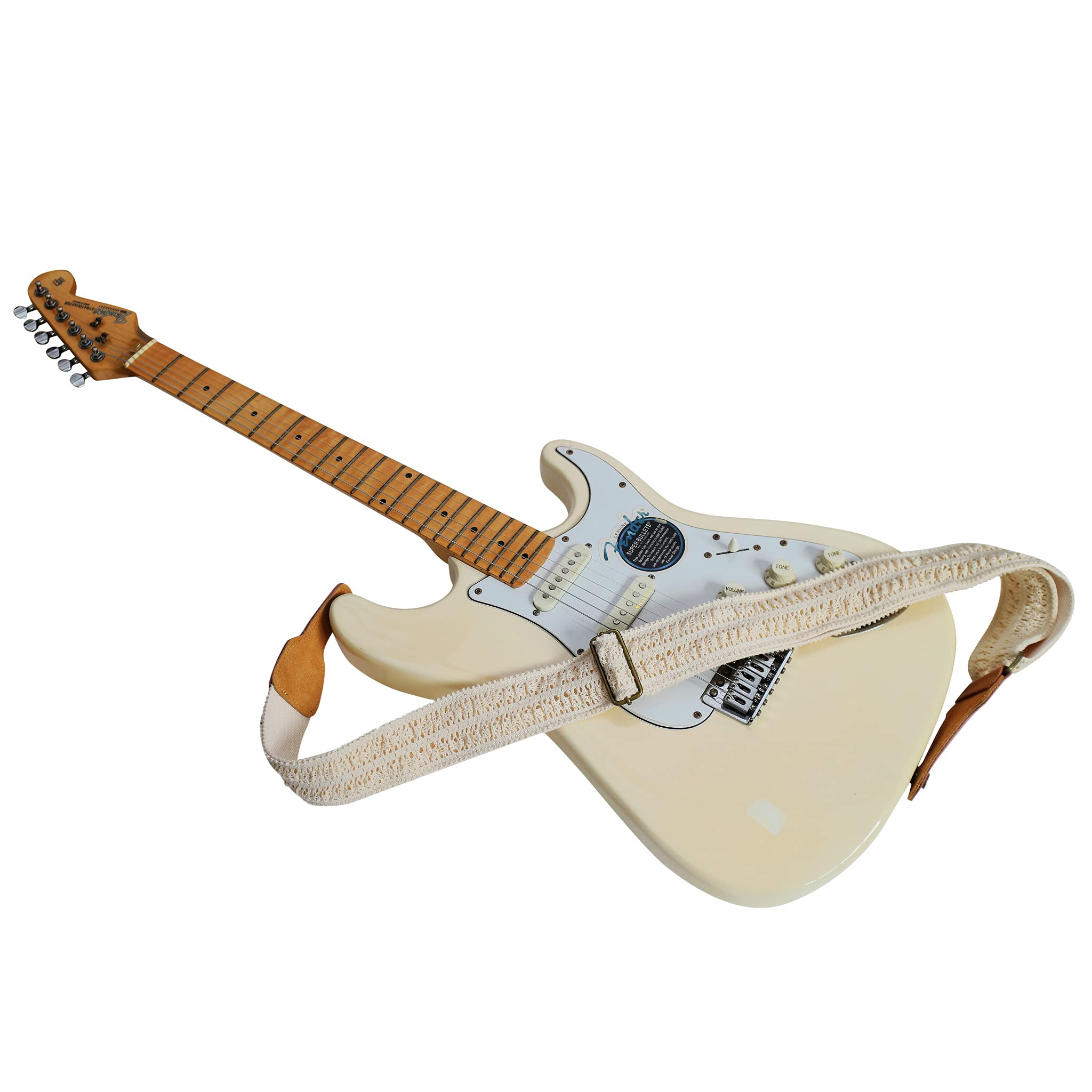 MUSIC FIRST Original Design, 2 inch width (5cm), Cream Graceful & Vintage Lace Soft Lace & Genuine Leather Delux Guitar Strap, E