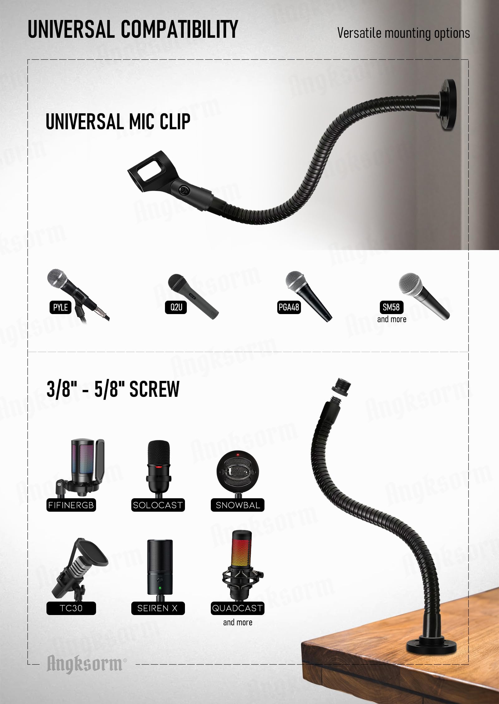 Angksorm Microphone Arm Stand 19'' Flexible Gooseneck Mic Stand Holder with Mounting Base for Table Walls Podium Podcasting Stre