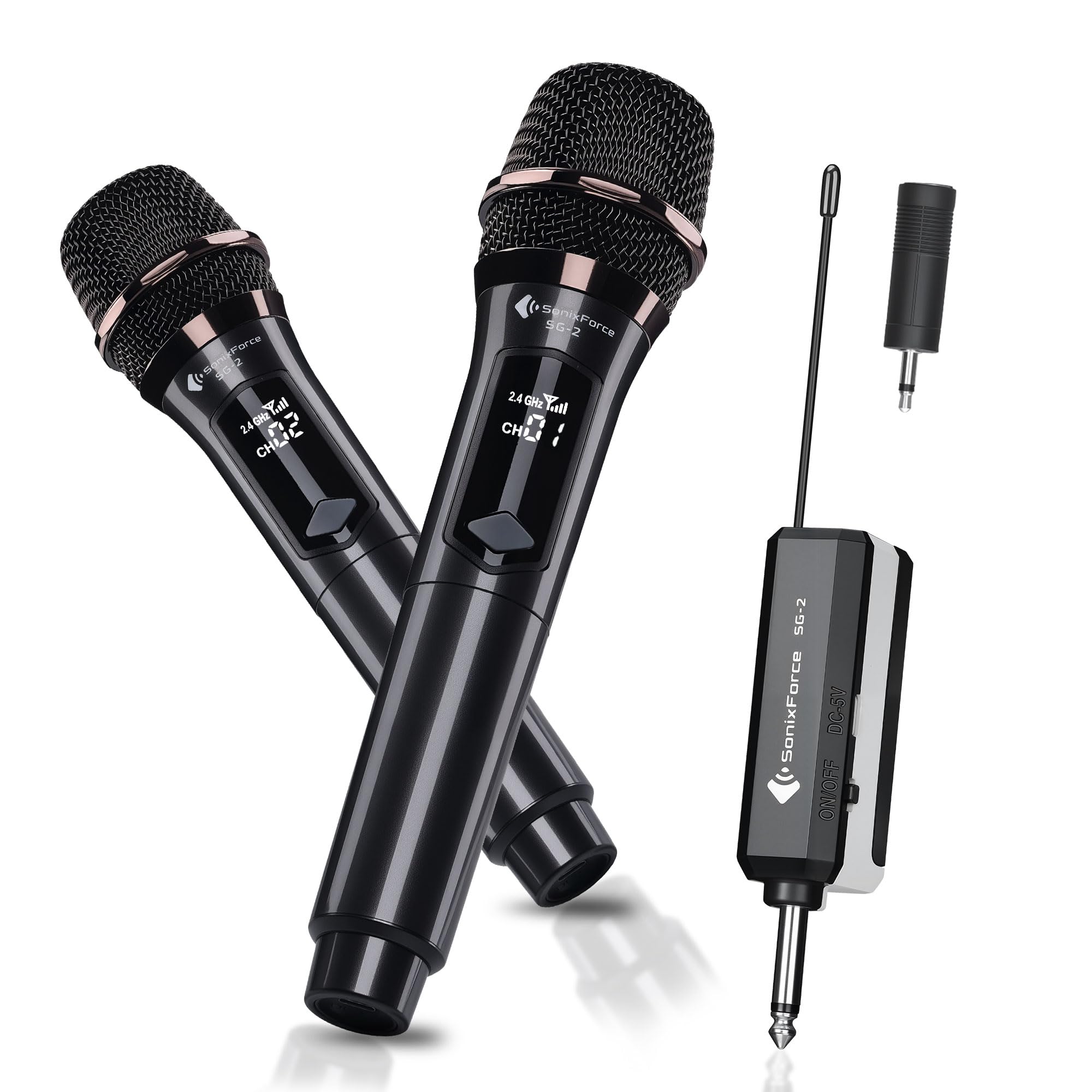 SonixForce Wireless Microphones - Rechargeable Dual Handheld Dynamic Microphone with Receiver - 240ft Range - Karaoke Microphone